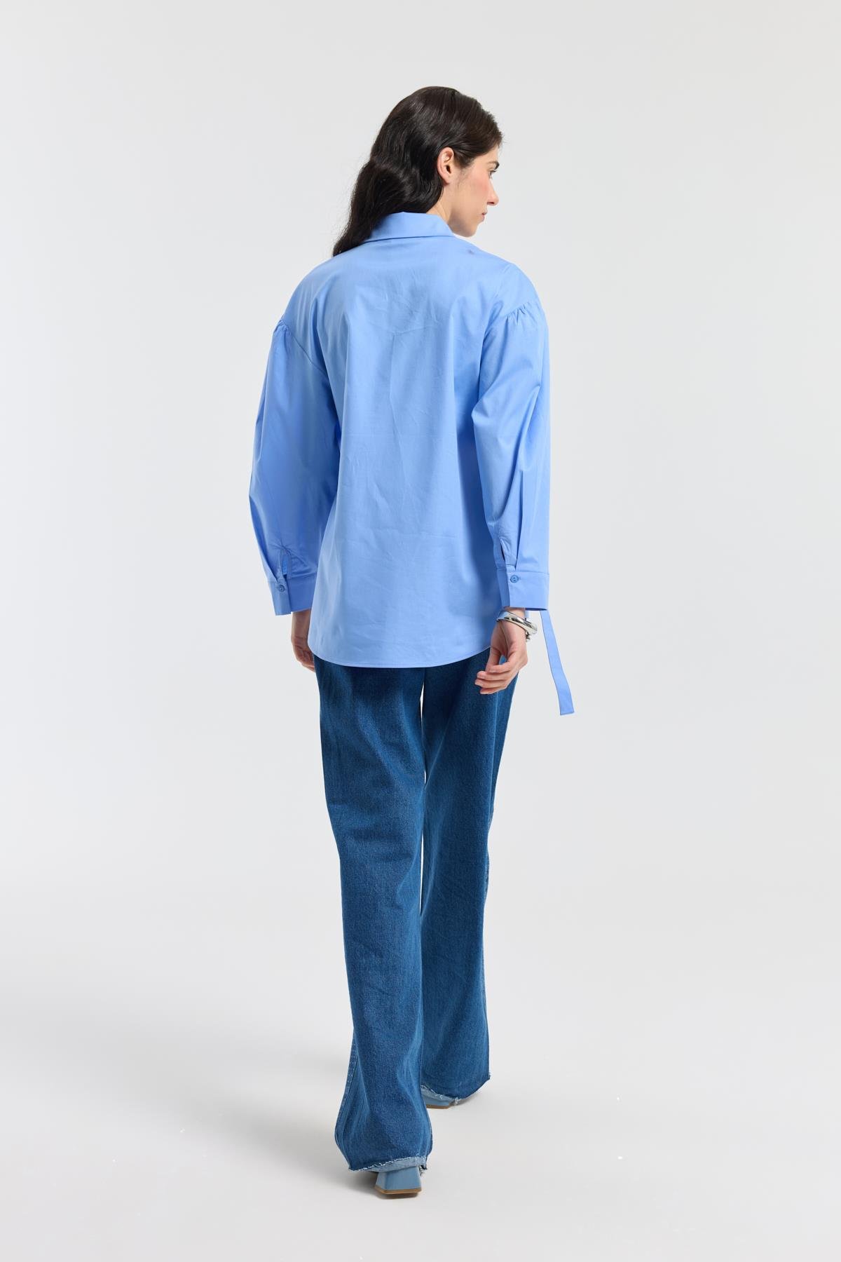 D Tokalı Balon Kol Poplin Gömlek - Mavi