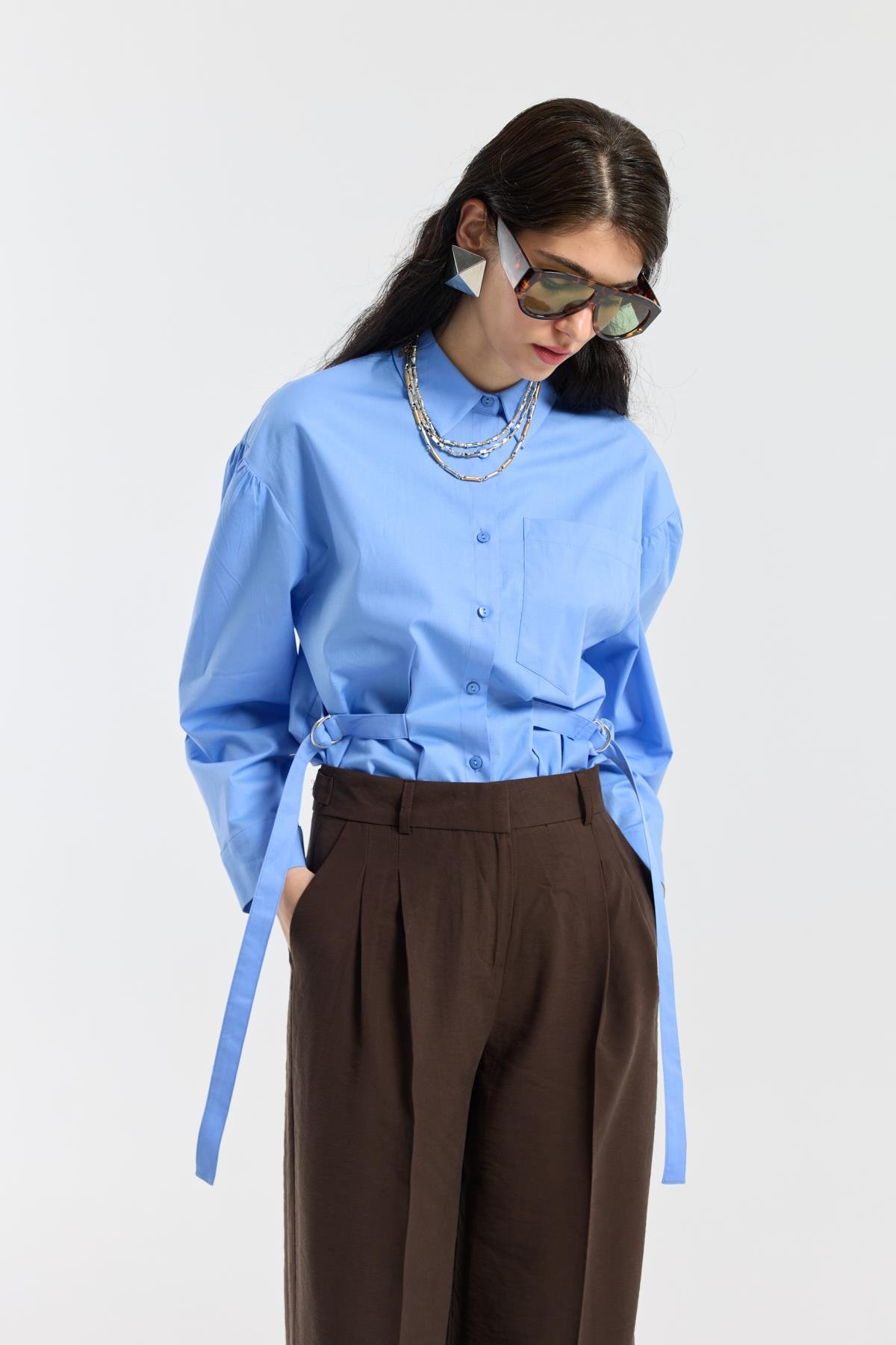 D Tokalı Balon Kol Poplin Gömlek - Mavi