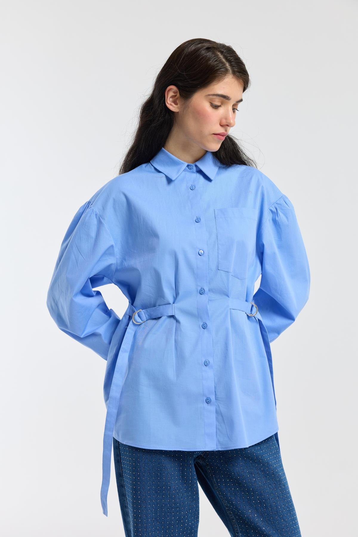 D Tokalı Balon Kol Poplin Gömlek - Mavi