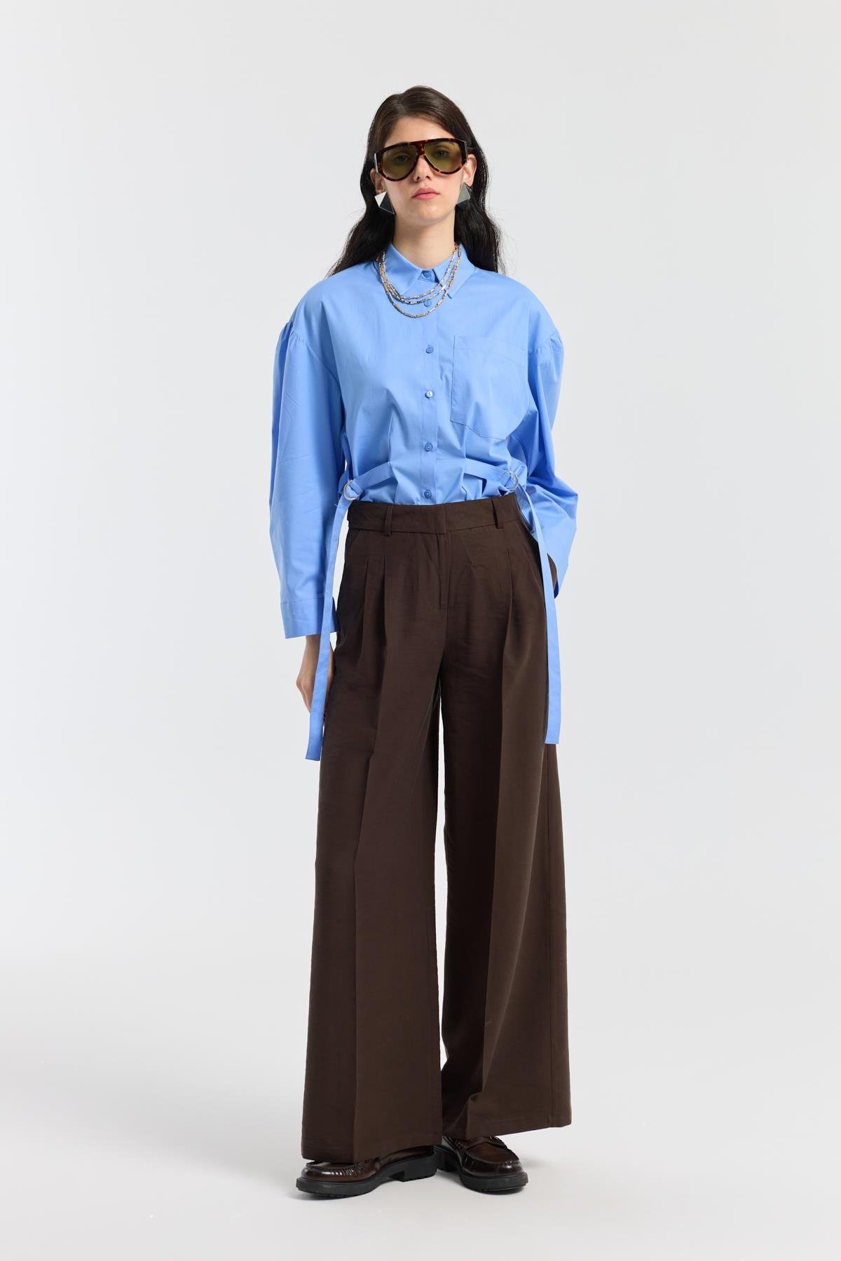 D Tokalı Balon Kol Poplin Gömlek - Mavi