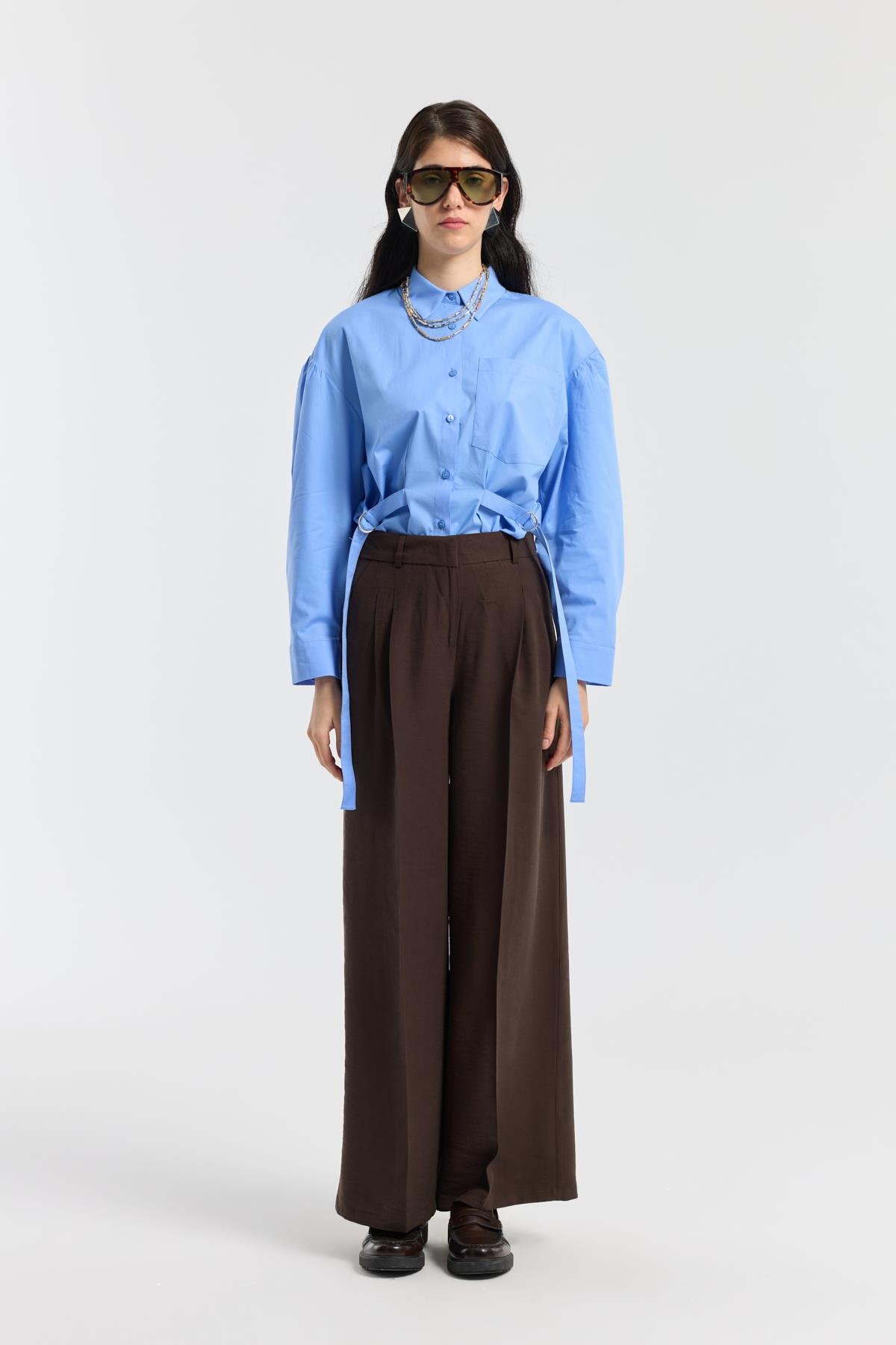 D Tokalı Balon Kol Poplin Gömlek - Mavi