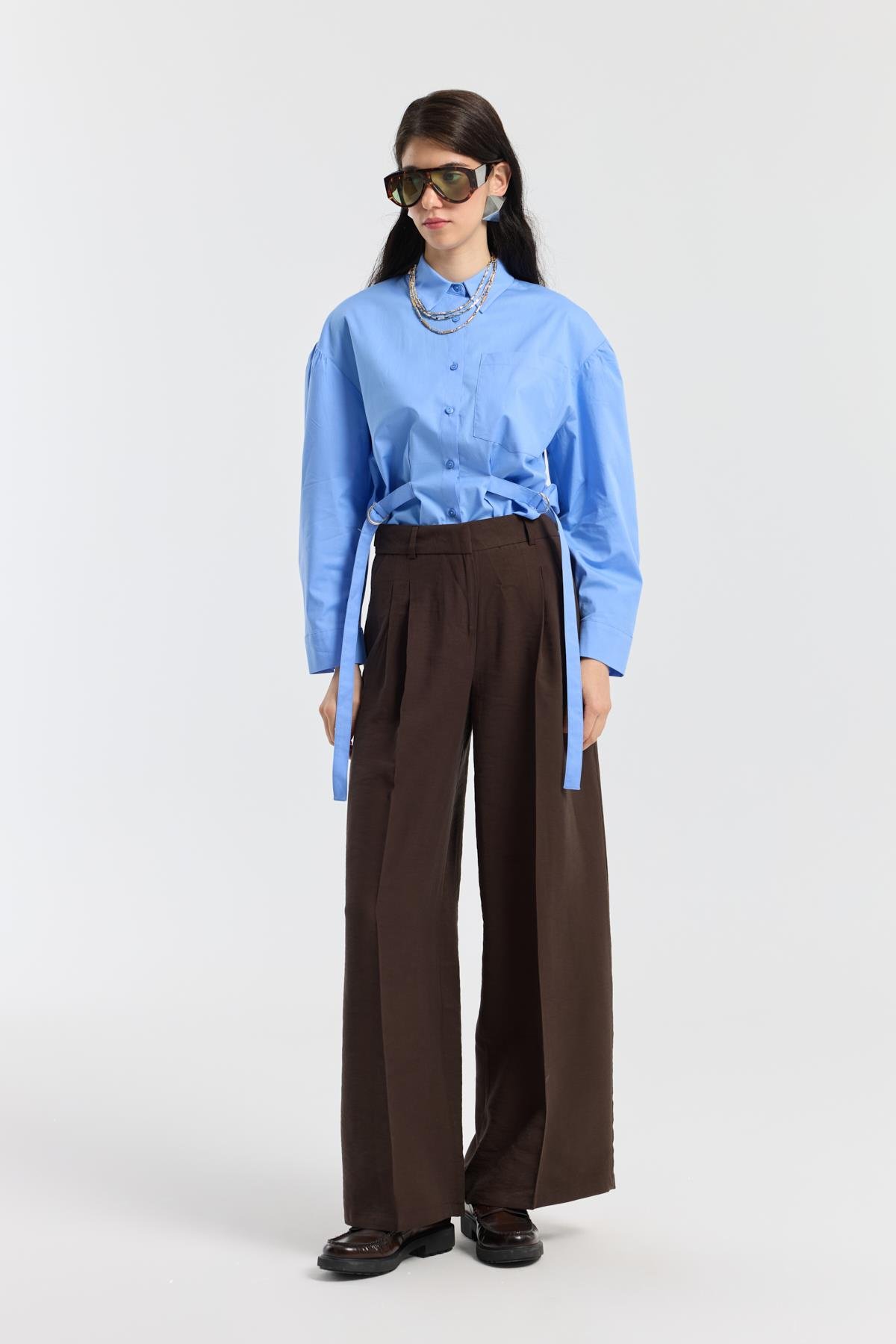 D Tokalı Balon Kol Poplin Gömlek - Mavi