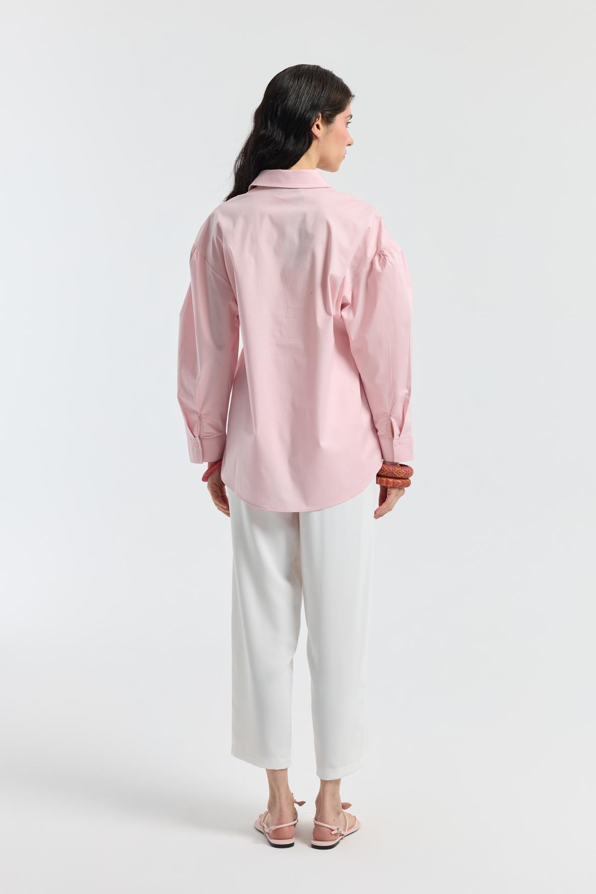 D Tokalı Balon Kol Poplin Gömlek - Pudra Pembe