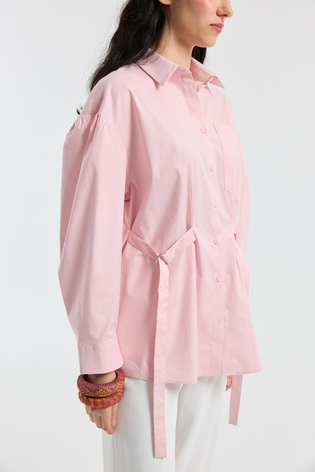 D Tokalı Balon Kol Poplin Gömlek - Pudra Pembe