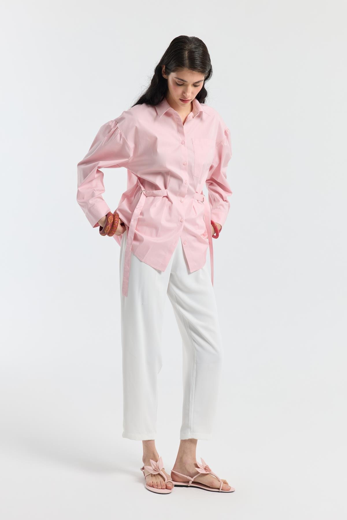 D Tokalı Balon Kol Poplin Gömlek - Pudra Pembe