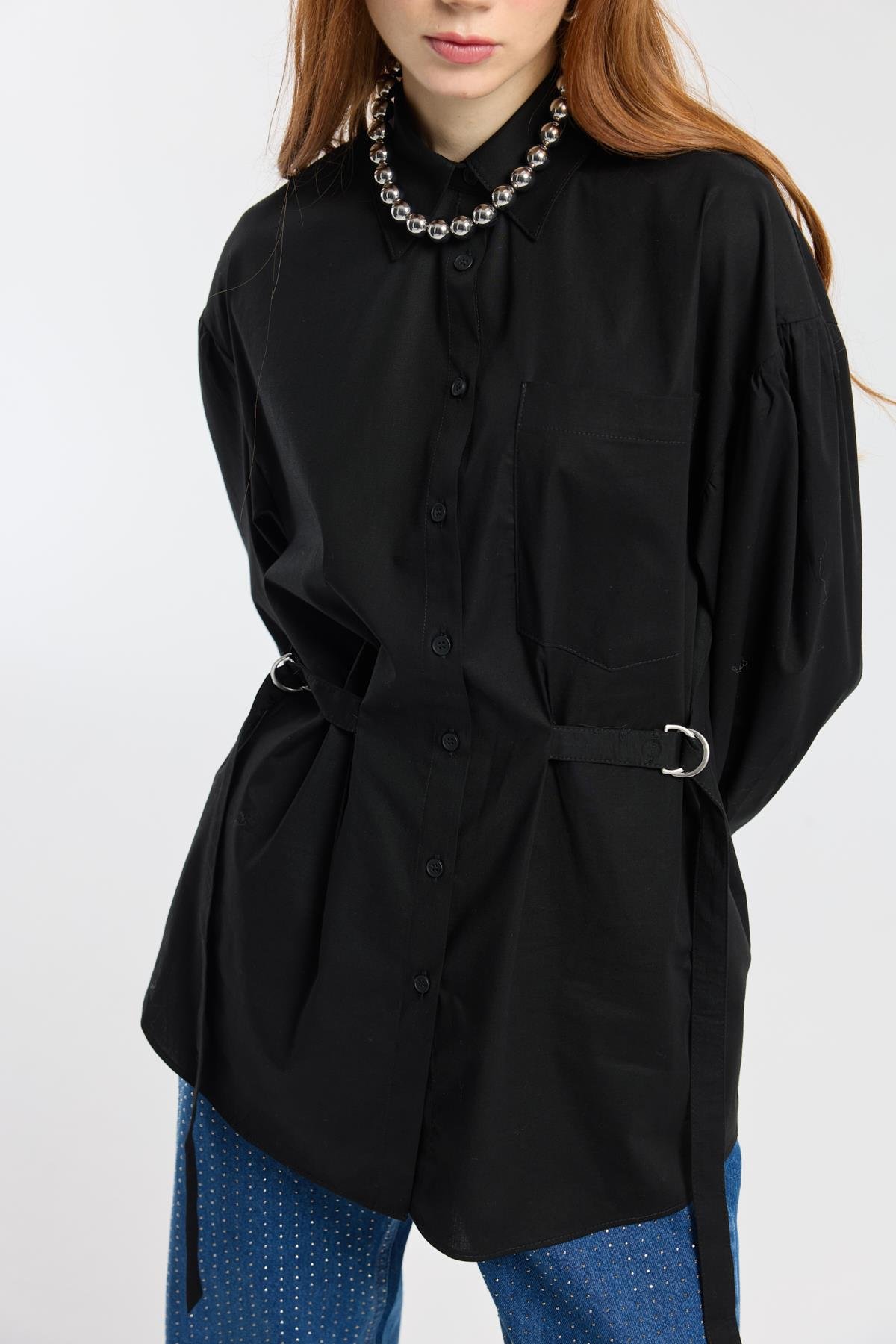 D Tokalı Balon Kol Poplin Gömlek - Siyah