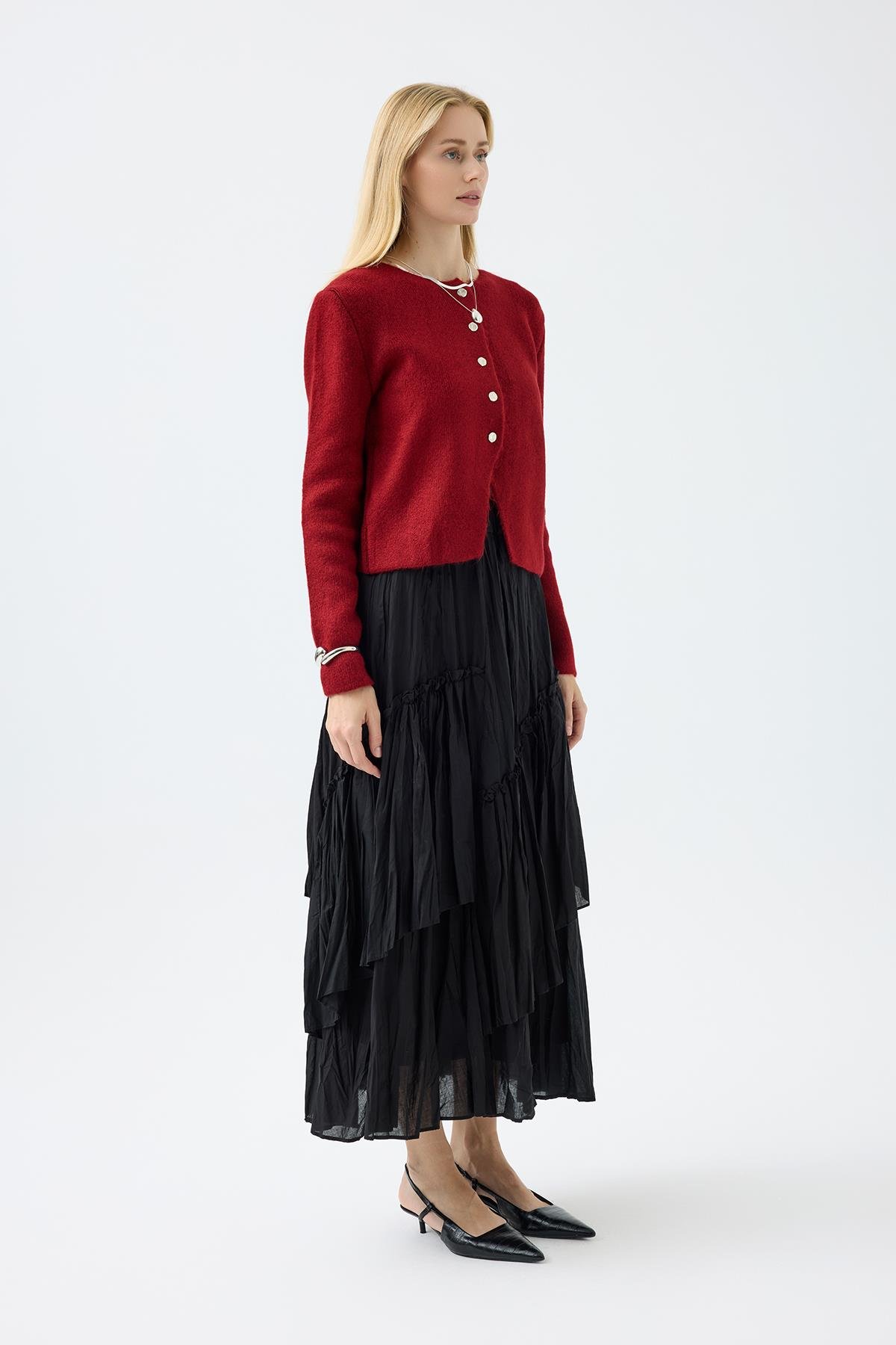 Dahlia Gümüş Düğmeli Hırka - Kırmızı 