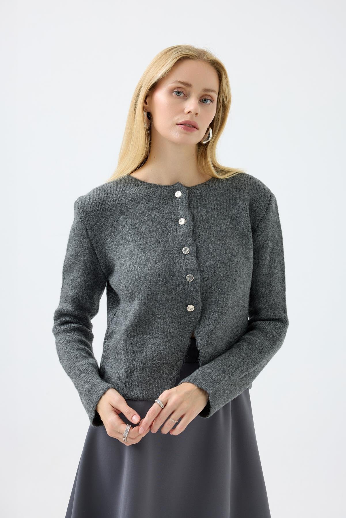 Dahlia Gümüş Düğmeli Hırka - Kırmızı 