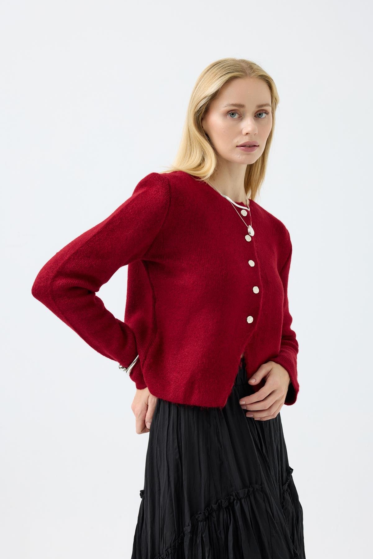 Dahlia Gümüş Düğmeli Hırka - Kırmızı 