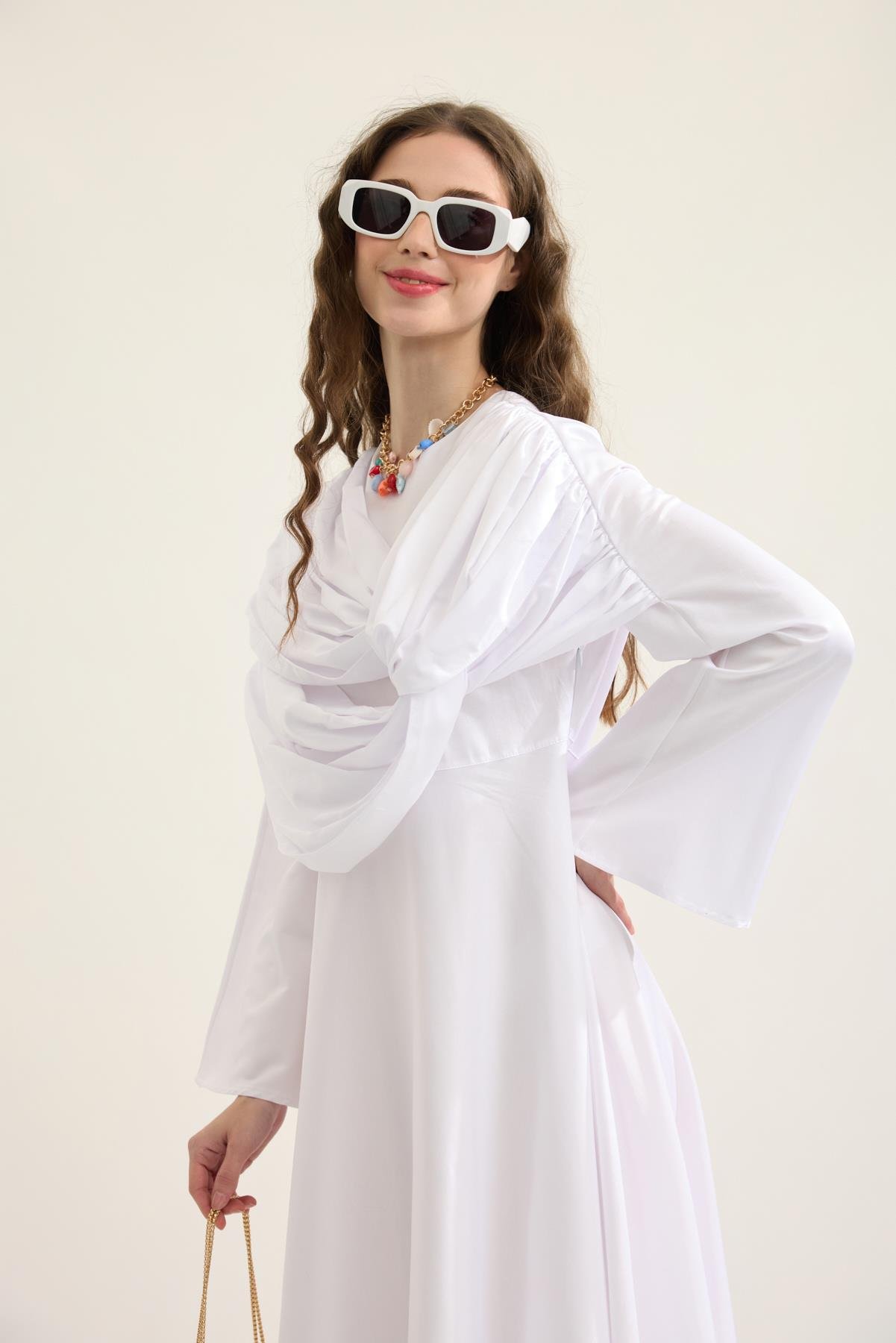 Daisy Drapeli Kloş Poplin Elbise - Beyaz