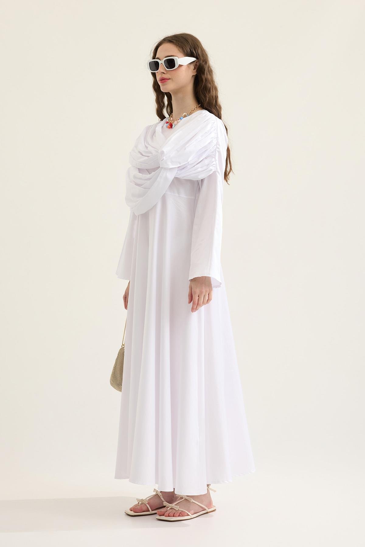 Daisy Drapeli Kloş Poplin Elbise - Beyaz