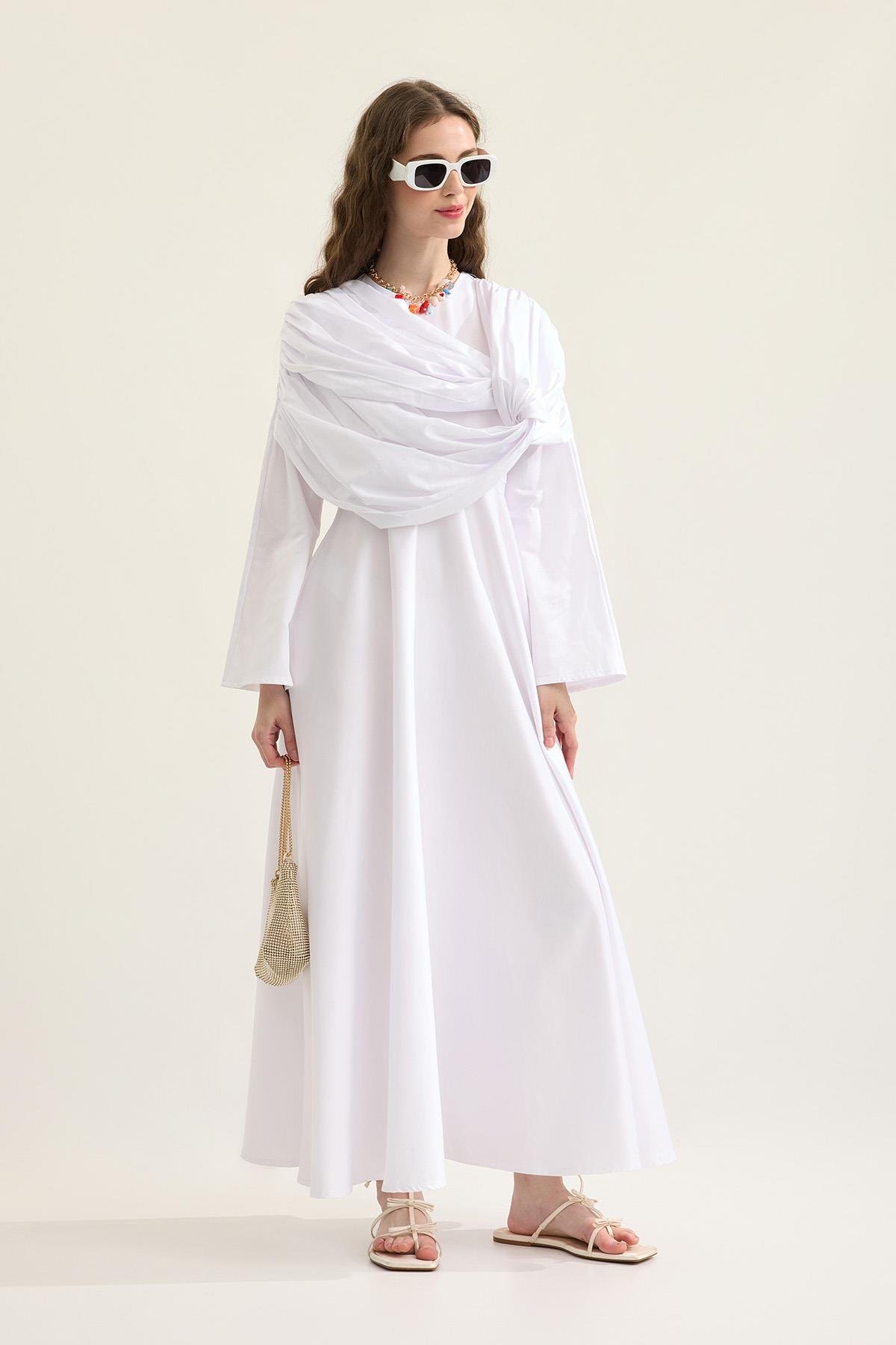 Daisy Drapeli Kloş Poplin Elbise - Beyaz