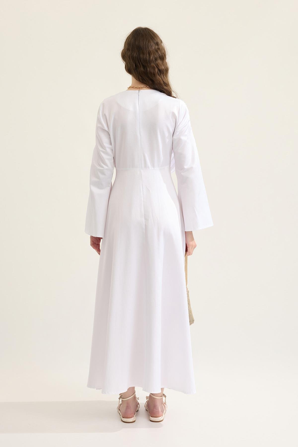 Daisy Drapeli Kloş Poplin Elbise - Beyaz