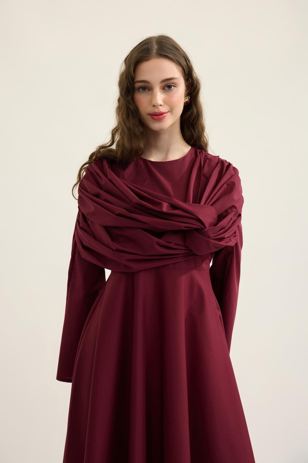 Daisy Drapeli Kloş Poplin Elbise - Bordo