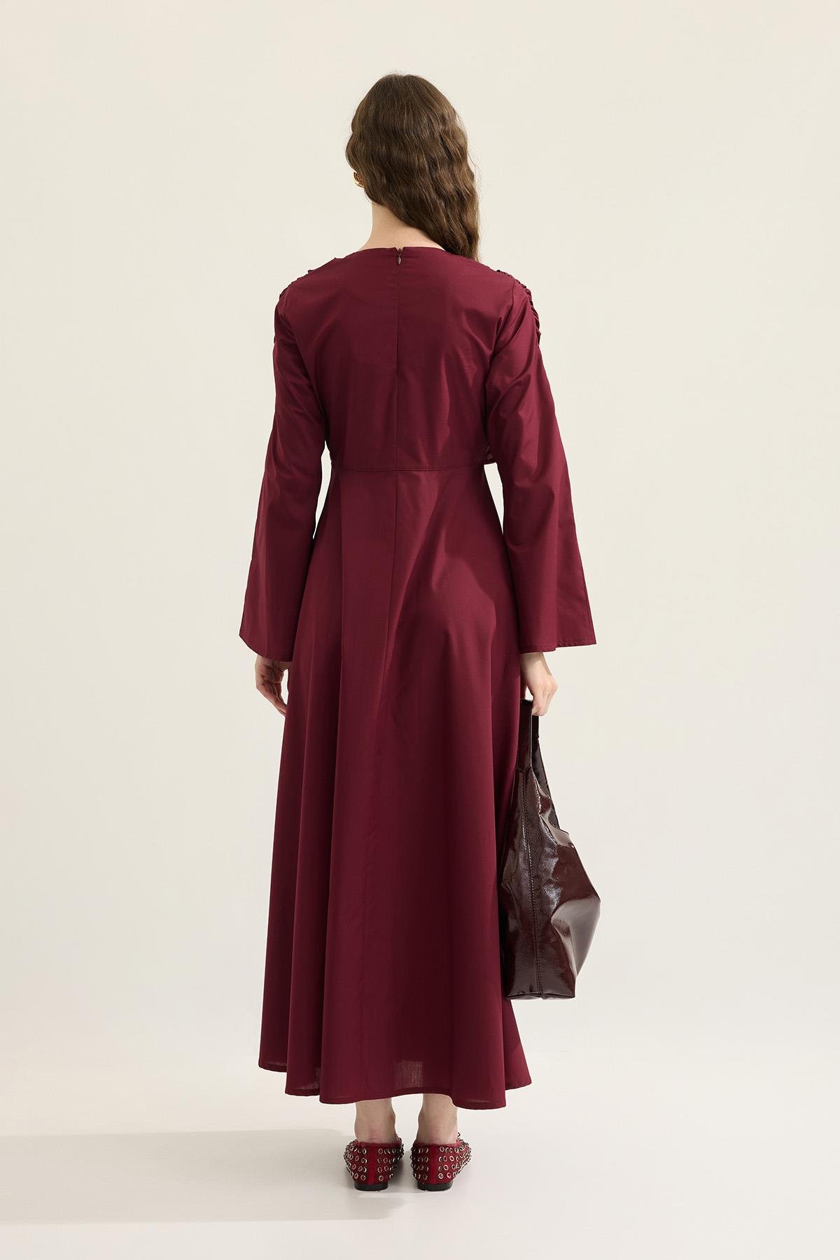 Daisy Drapeli Kloş Poplin Elbise - Bordo