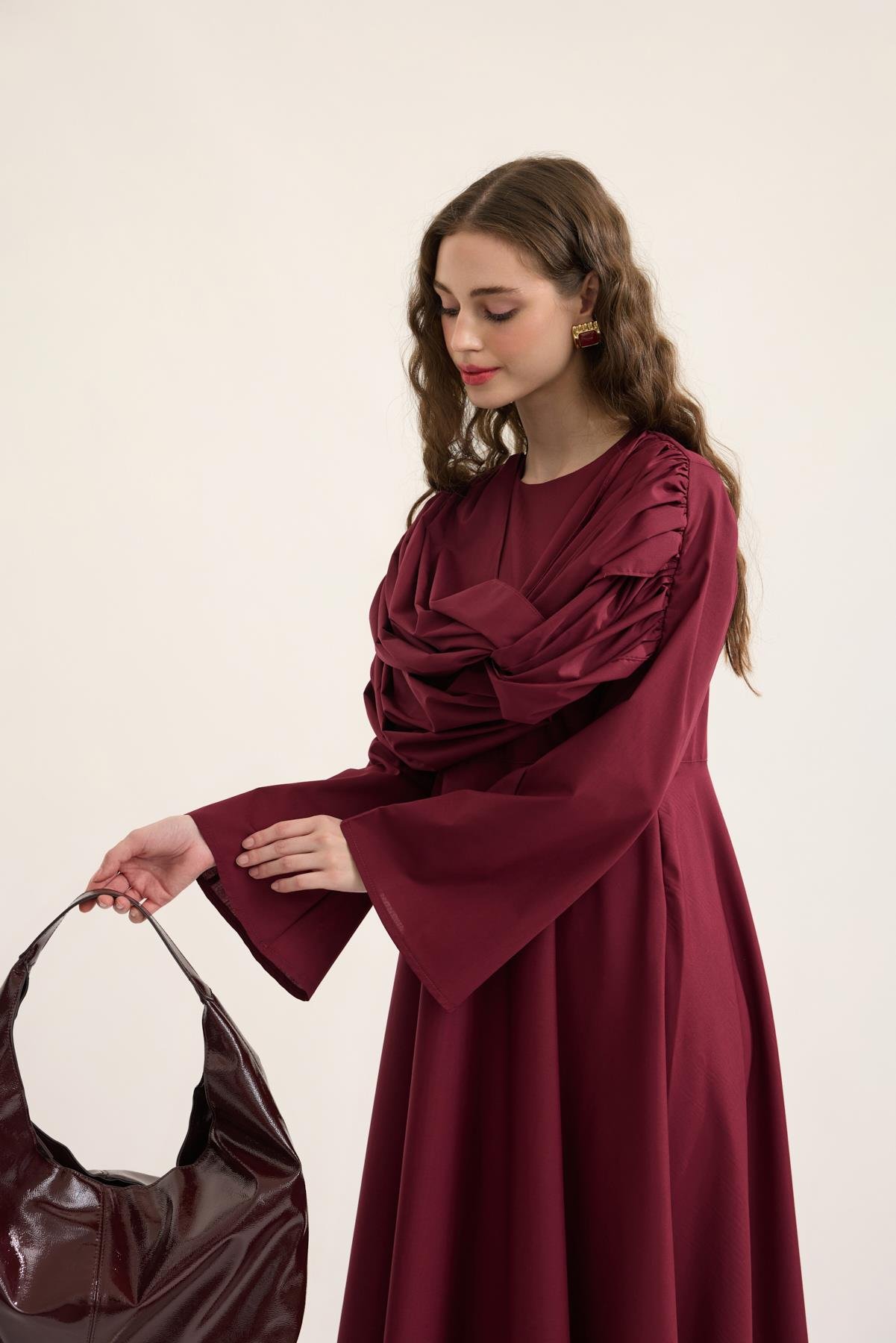 Daisy Drapeli Kloş Poplin Elbise - Bordo