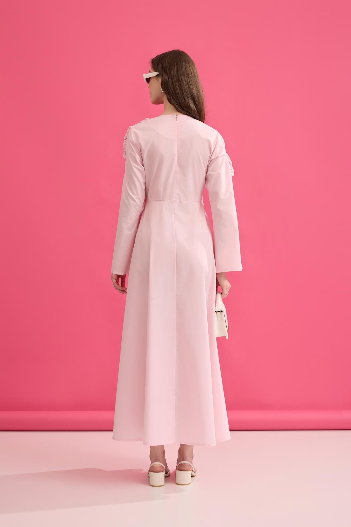 Daisy Drapeli Kloş Poplin Elbise - Pembe