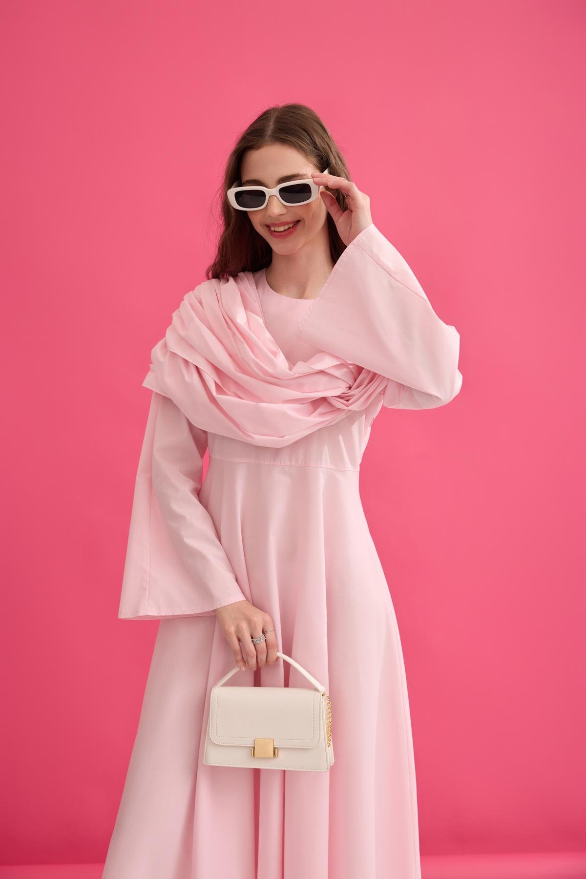 Daisy Drapeli Kloş Poplin Elbise - Pembe