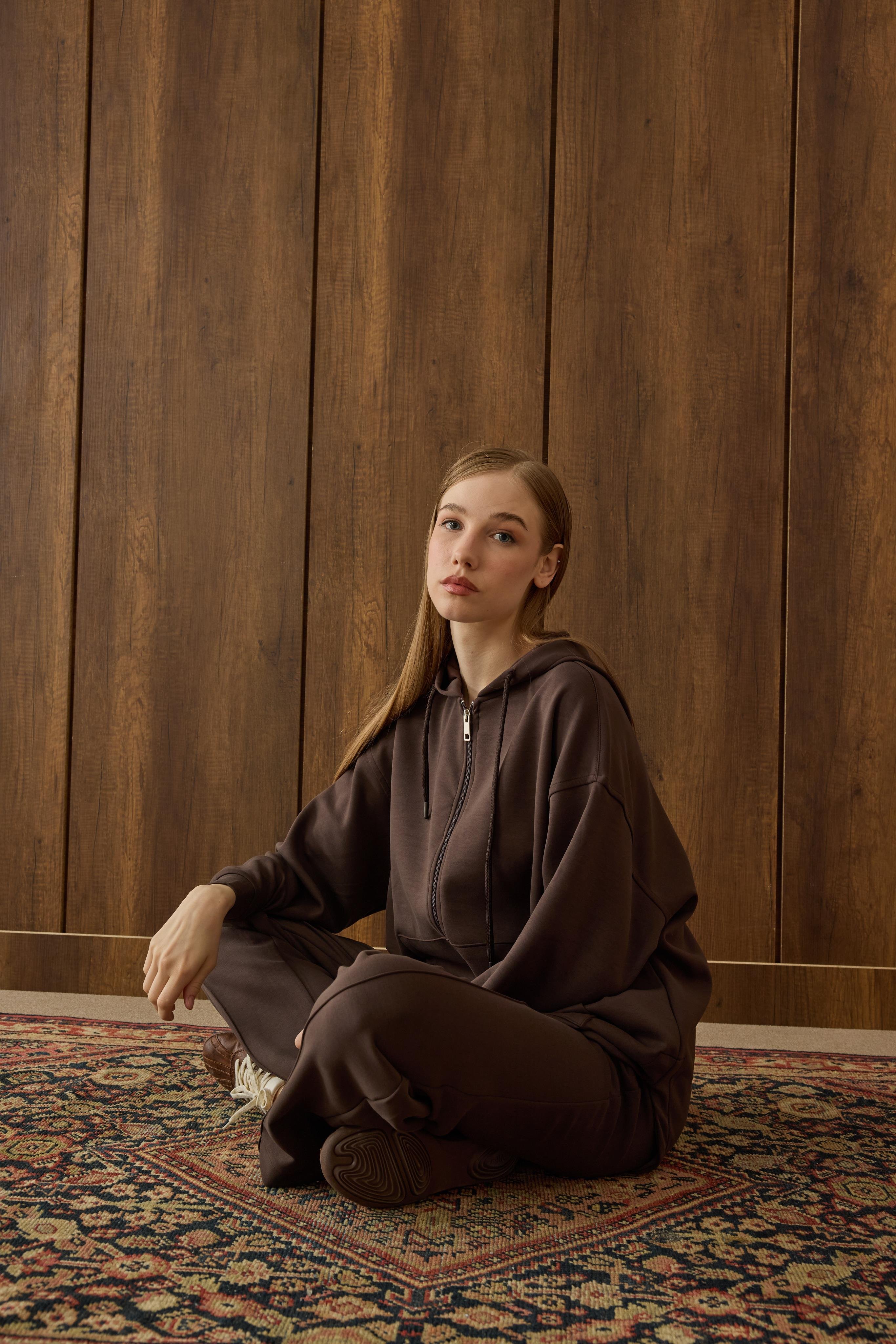 Davina Kapüşonlu Fermuarlı Takım - Kahverengi