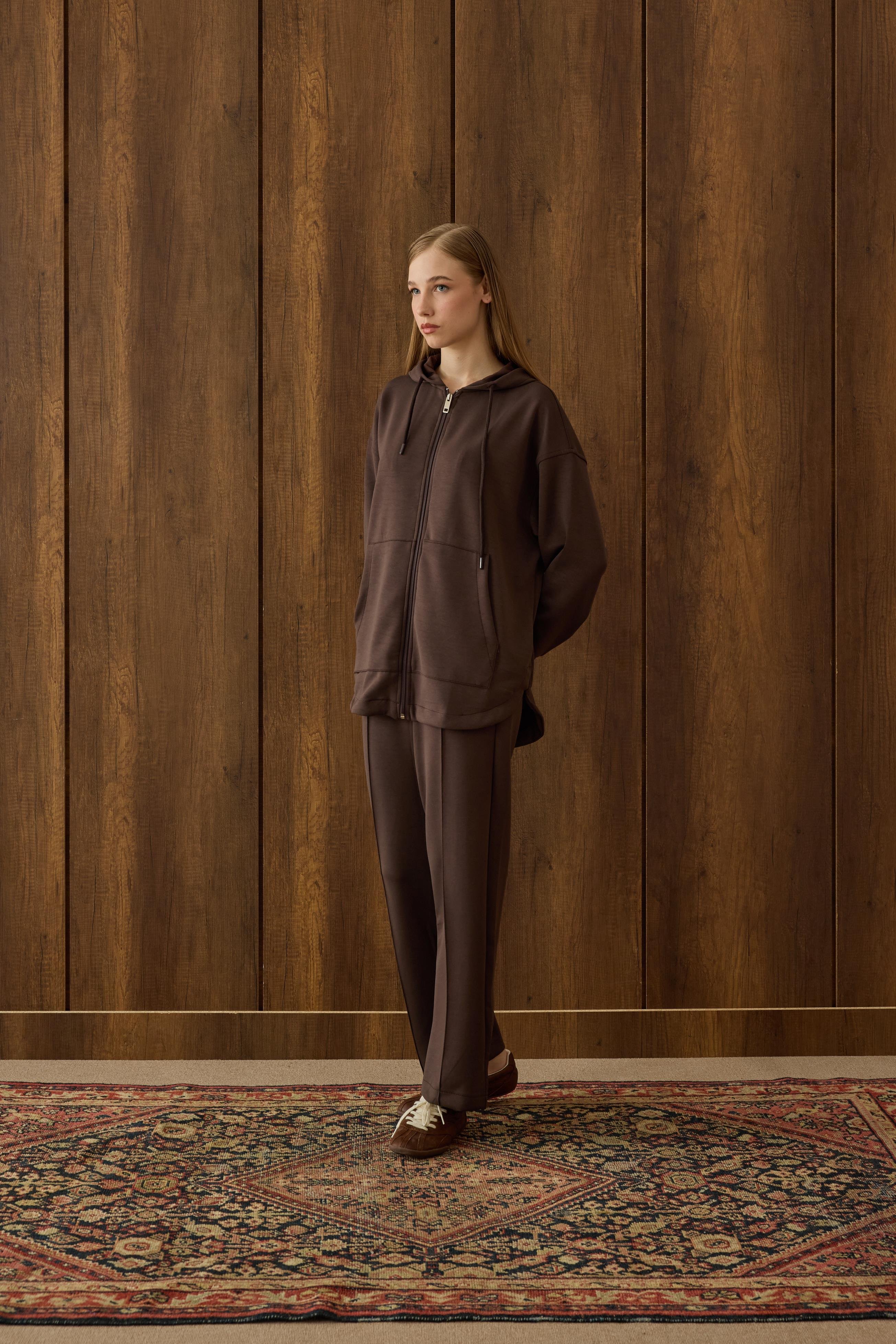 Davina Kapüşonlu Fermuarlı Takım - Kahverengi