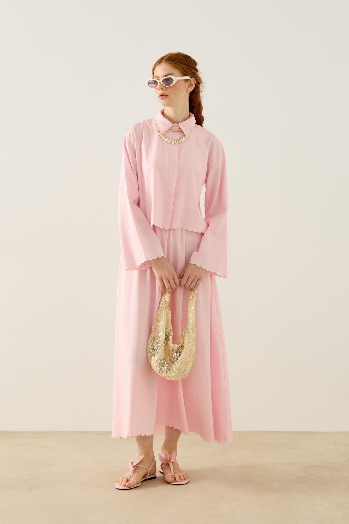Dehlina Nakışlı Keten Takım - Pembe