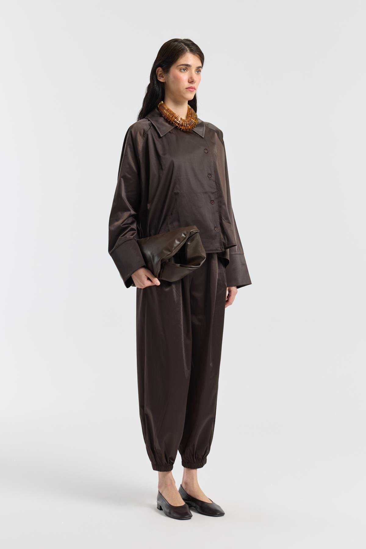 Devin Kruvaze Kapamalı Saten Takım - Acı kahve