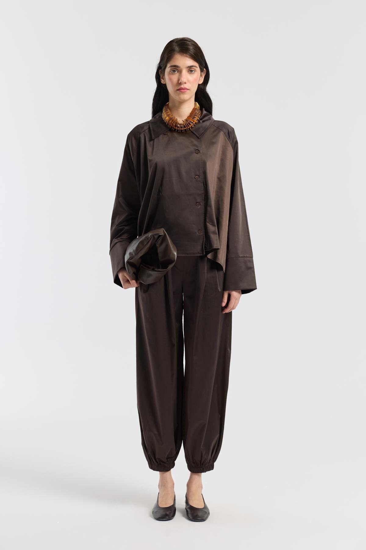 Devin Kruvaze Kapamalı Saten Takım - Acı kahve