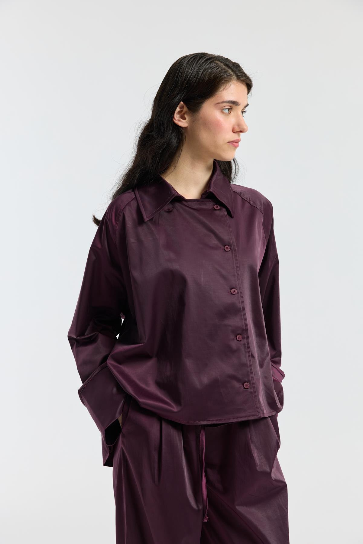 Devin Kruvaze Kapamalı Saten Takım  - Mürdüm