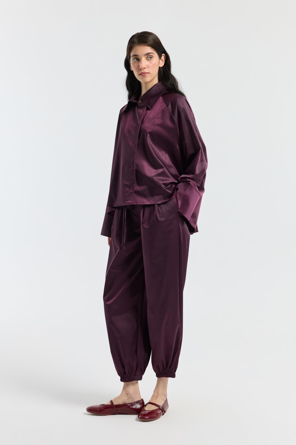 Devin Kruvaze Kapamalı Saten Takım  - Mürdüm