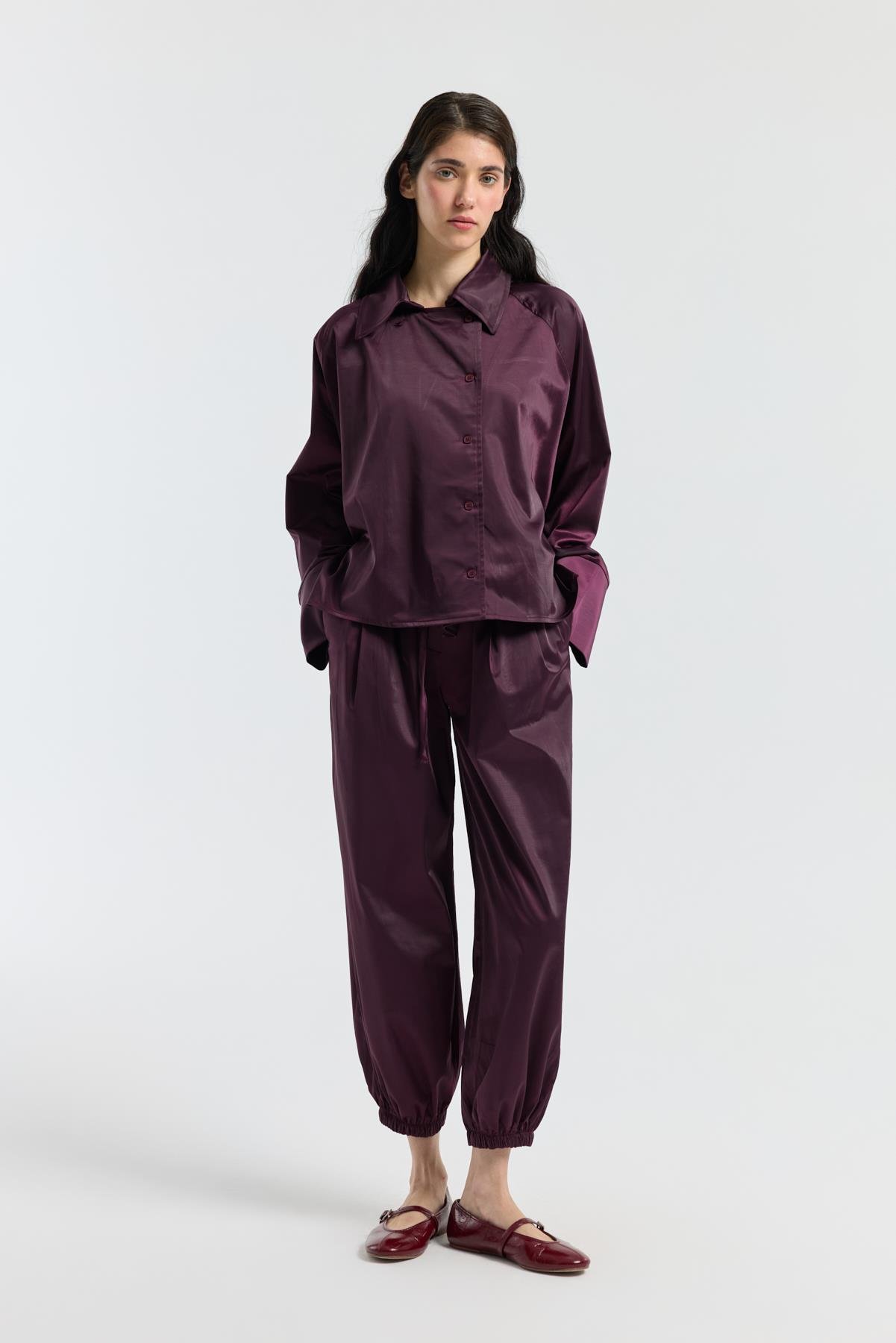 Devin Kruvaze Kapamalı Saten Takım  - Mürdüm