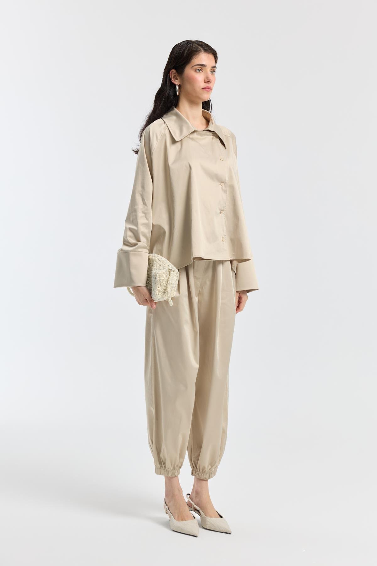 Devin Kruvaze Kapamalı Saten Takım - Taş