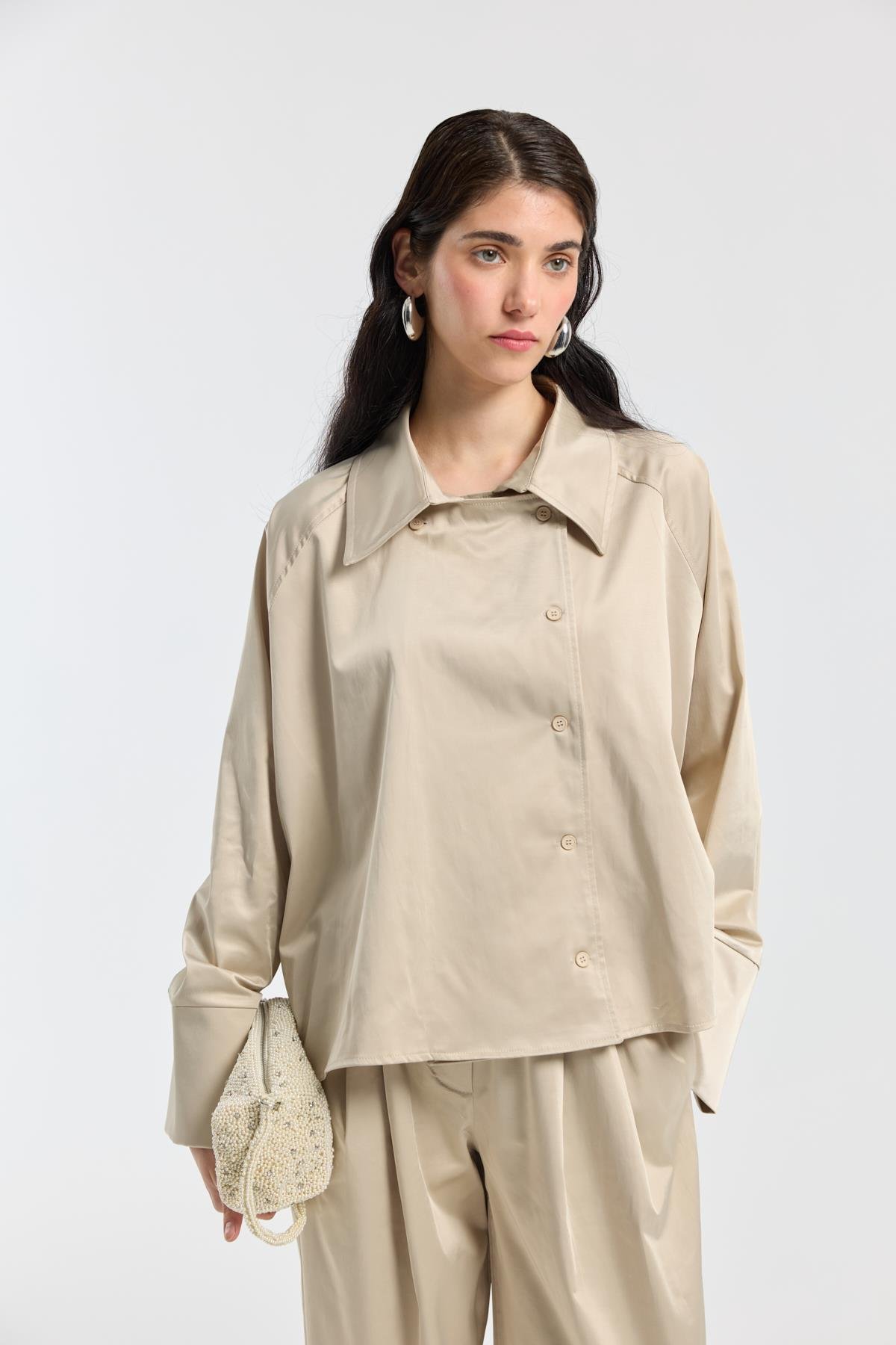 Devin Kruvaze Kapamalı Saten Takım - Taş