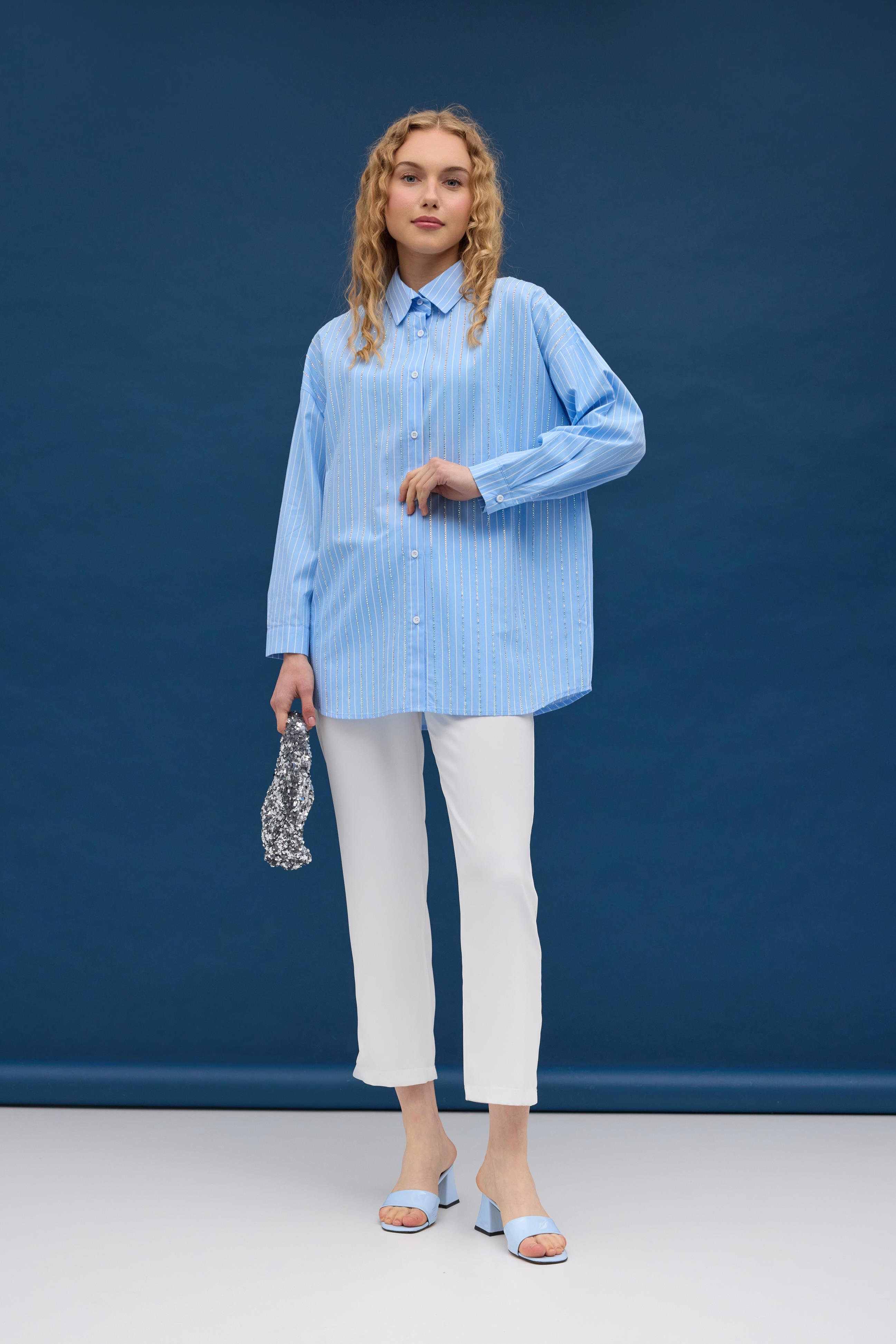 Diamond Pul İşlemeli Gömlek- Mavi çizgili