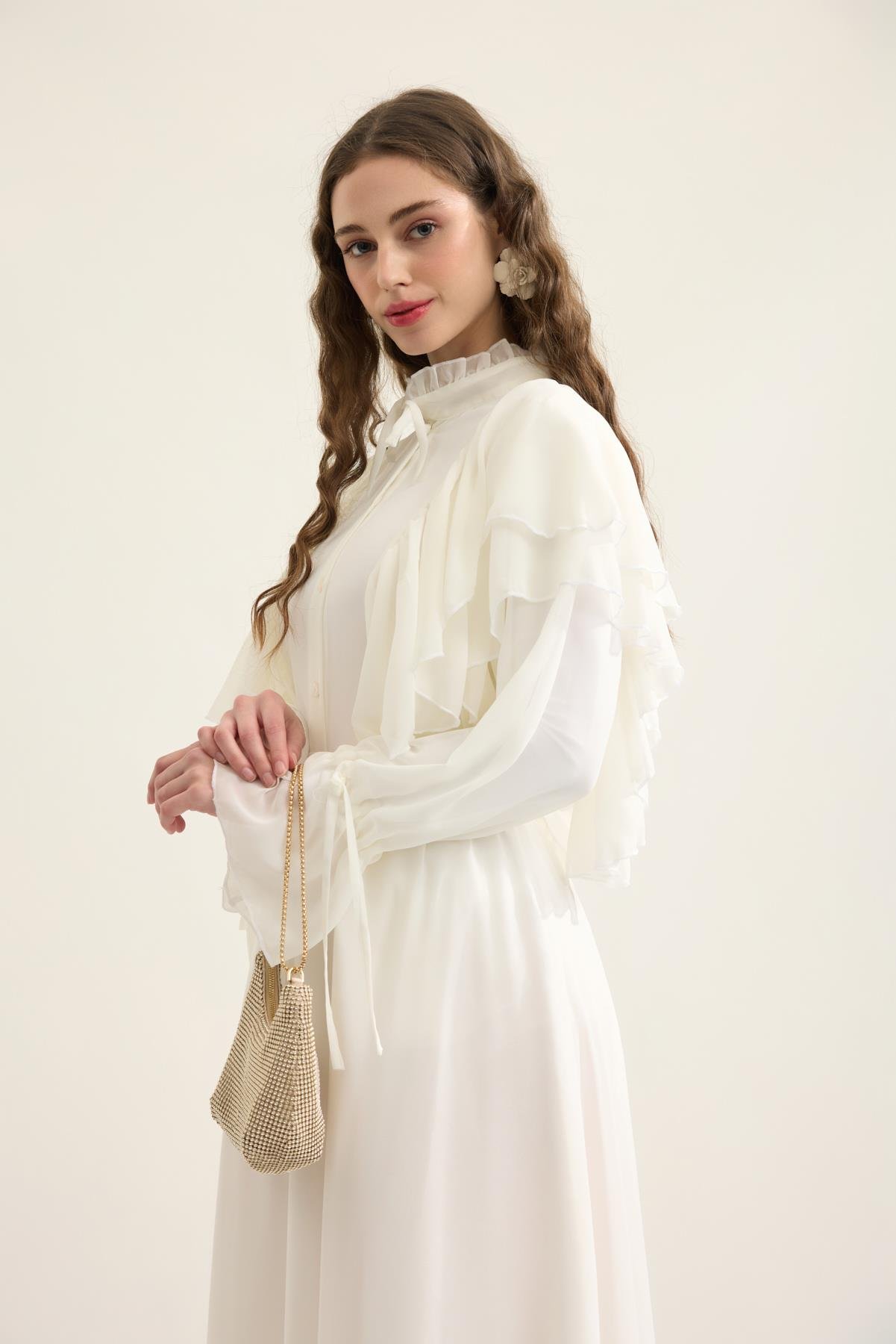 Diana Volanlı Şifon Etek Takım- Beyaz