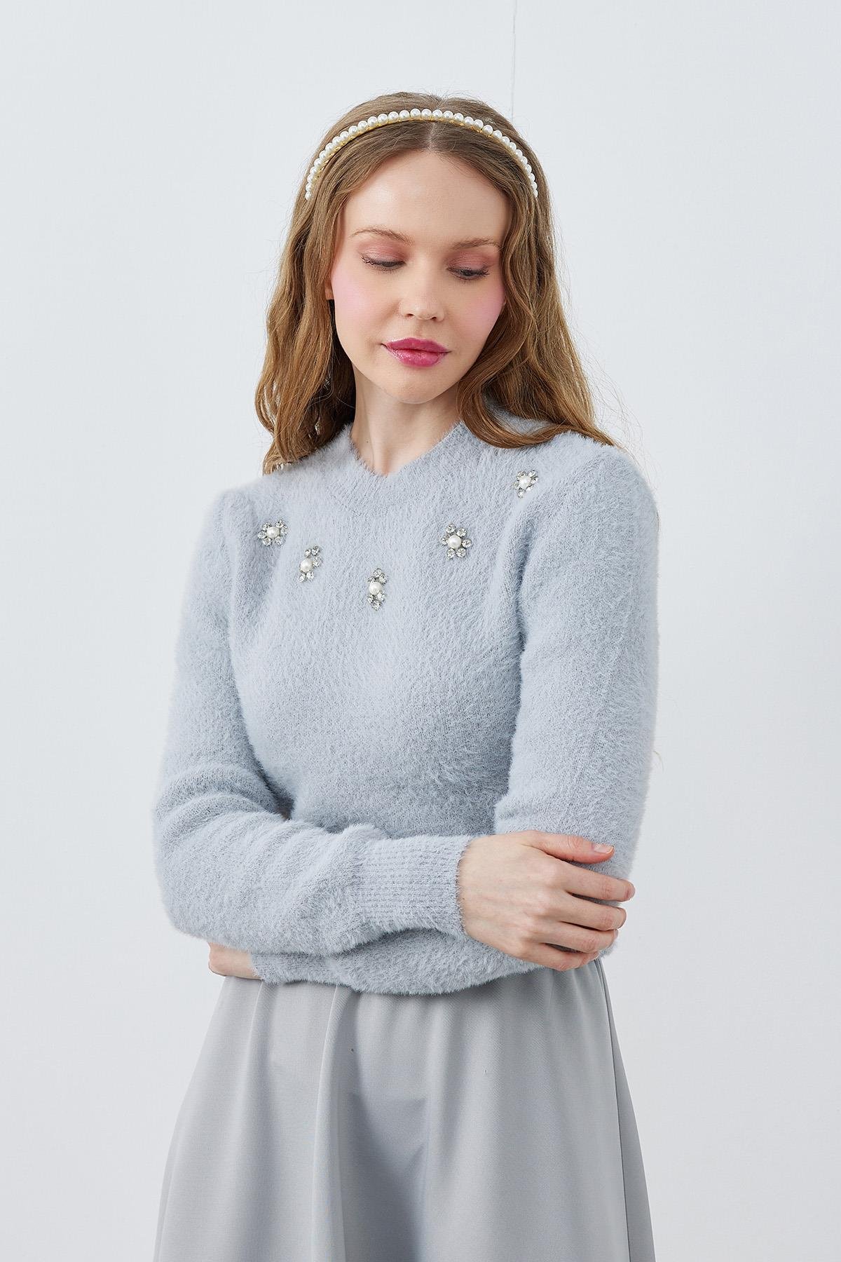 DİSNEY ÇİÇEK TAŞ İŞLEMELİ KAZAK - GRİ