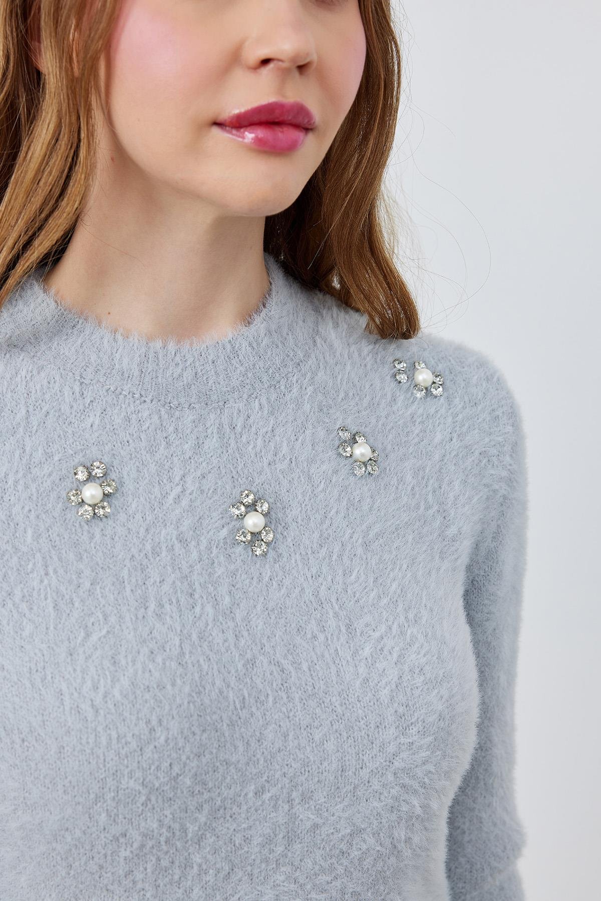 DİSNEY ÇİÇEK TAŞ İŞLEMELİ KAZAK - GRİ