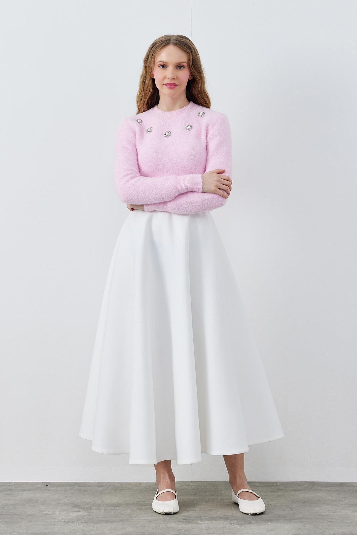 DİSNEY ÇİÇEK TAŞ İŞLEMELİ PELUŞ KAZAK - PEMBE