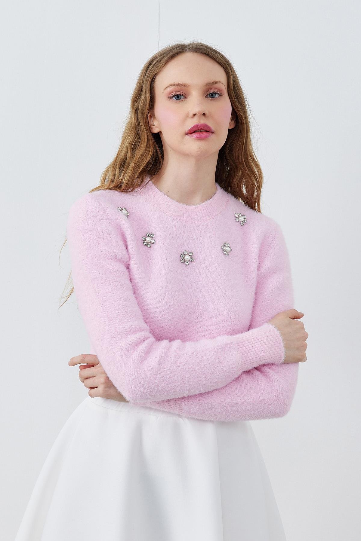 DİSNEY ÇİÇEK TAŞ İŞLEMELİ PELUŞ KAZAK - PEMBE