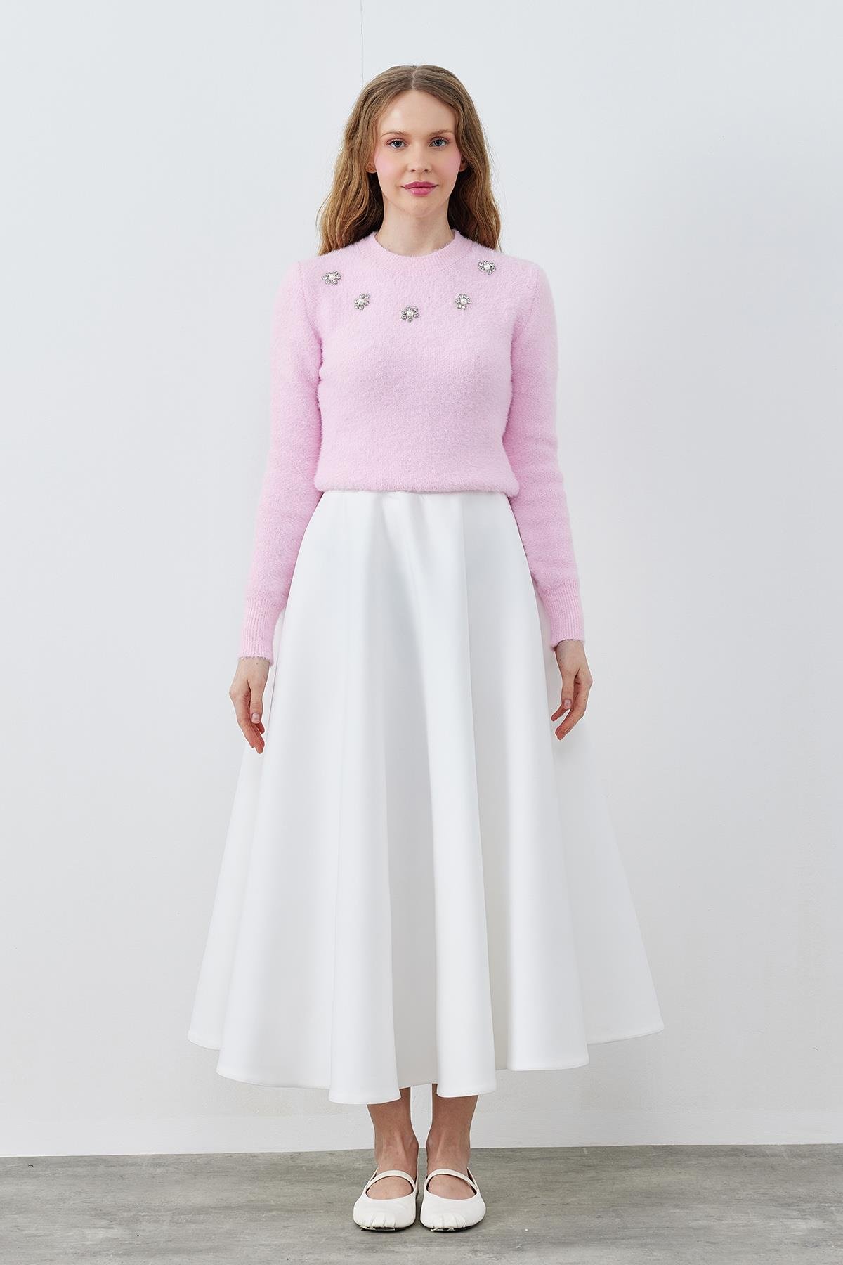 DİSNEY ÇİÇEK TAŞ İŞLEMELİ PELUŞ KAZAK - PEMBE