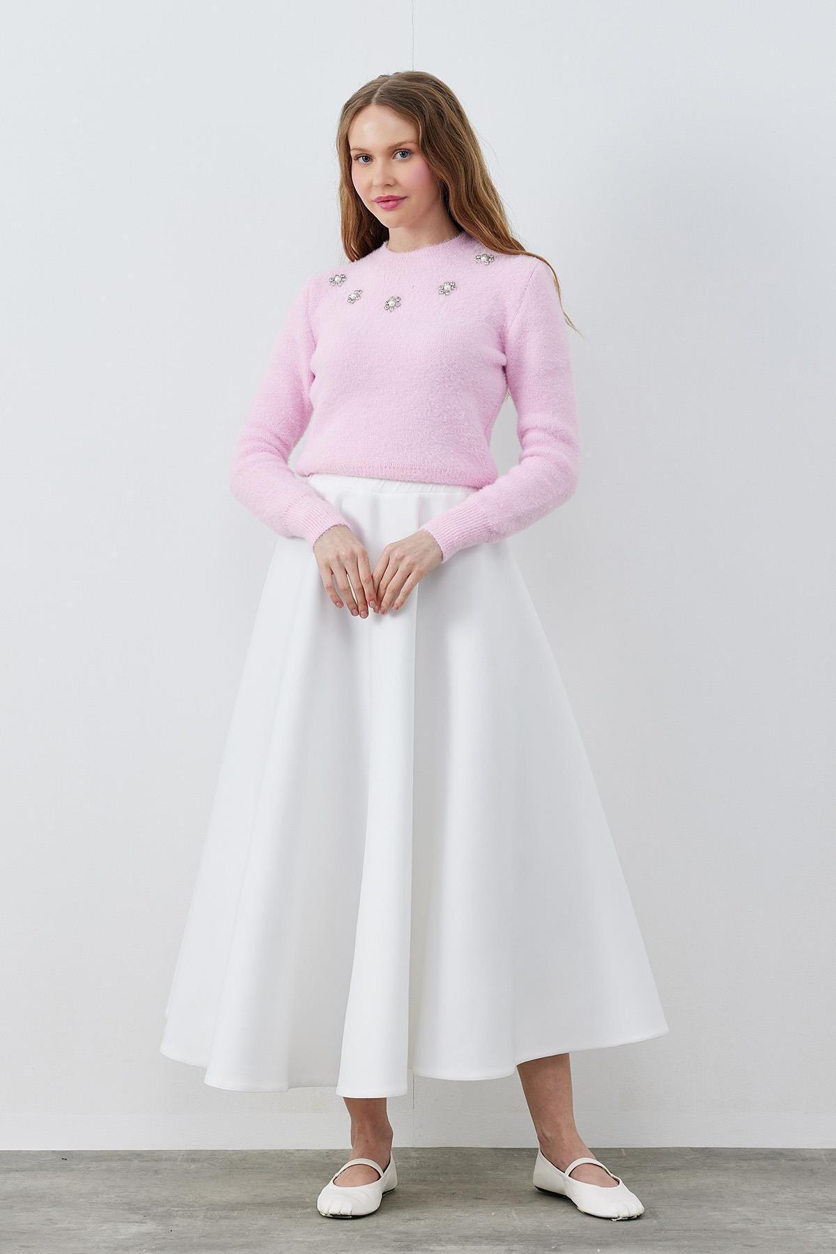 DİSNEY ÇİÇEK TAŞ İŞLEMELİ PELUŞ KAZAK - PEMBE