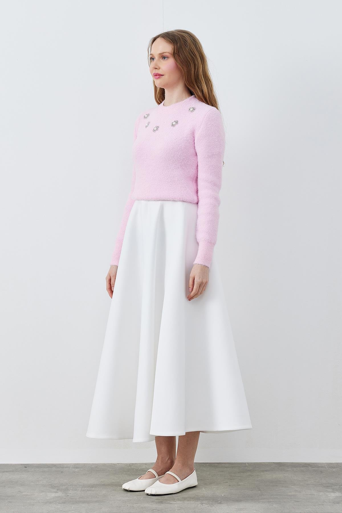 DİSNEY ÇİÇEK TAŞ İŞLEMELİ PELUŞ KAZAK - PEMBE