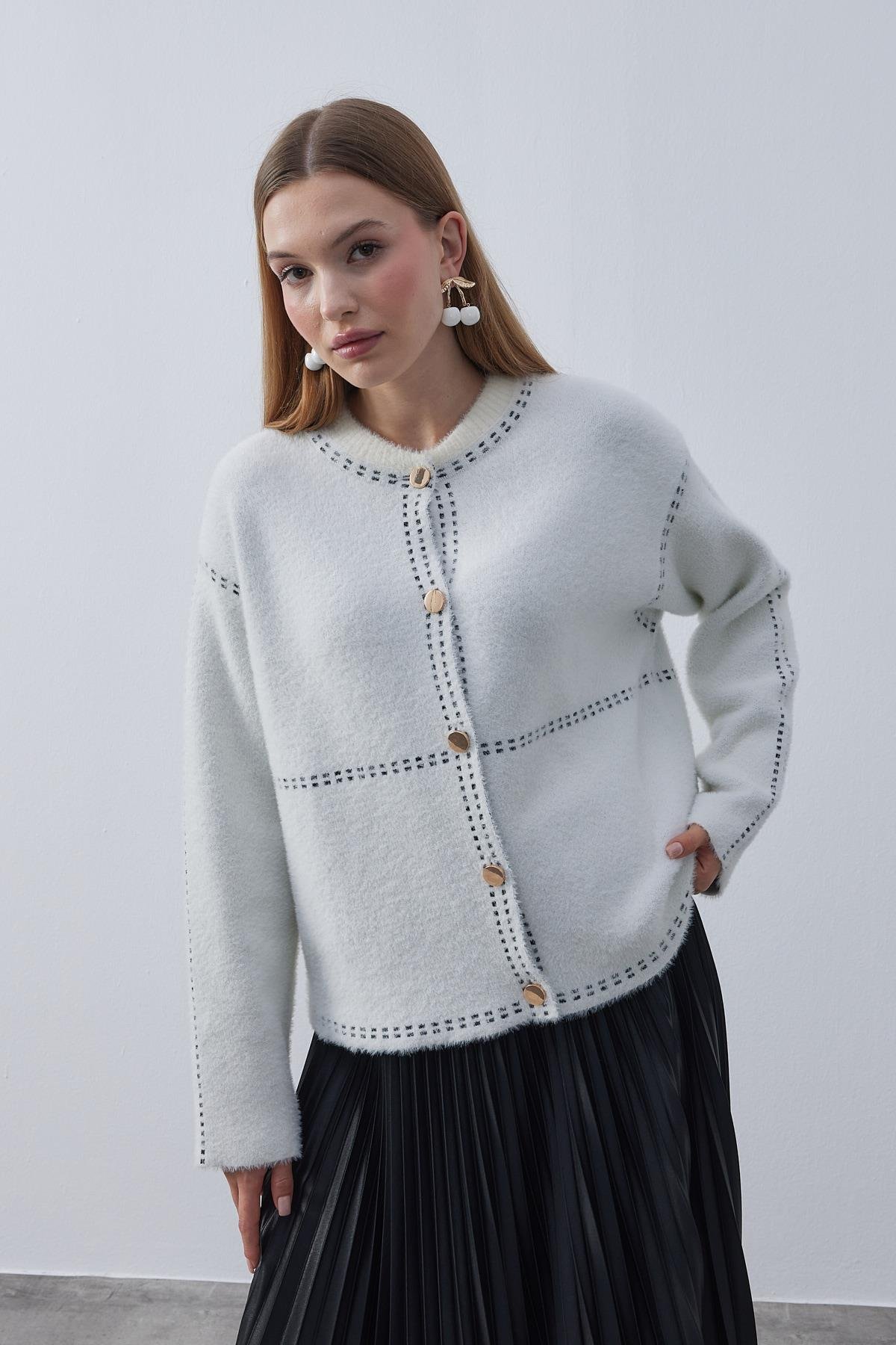 Doris Angora Gold Düğmeli Hırka- Beyaz