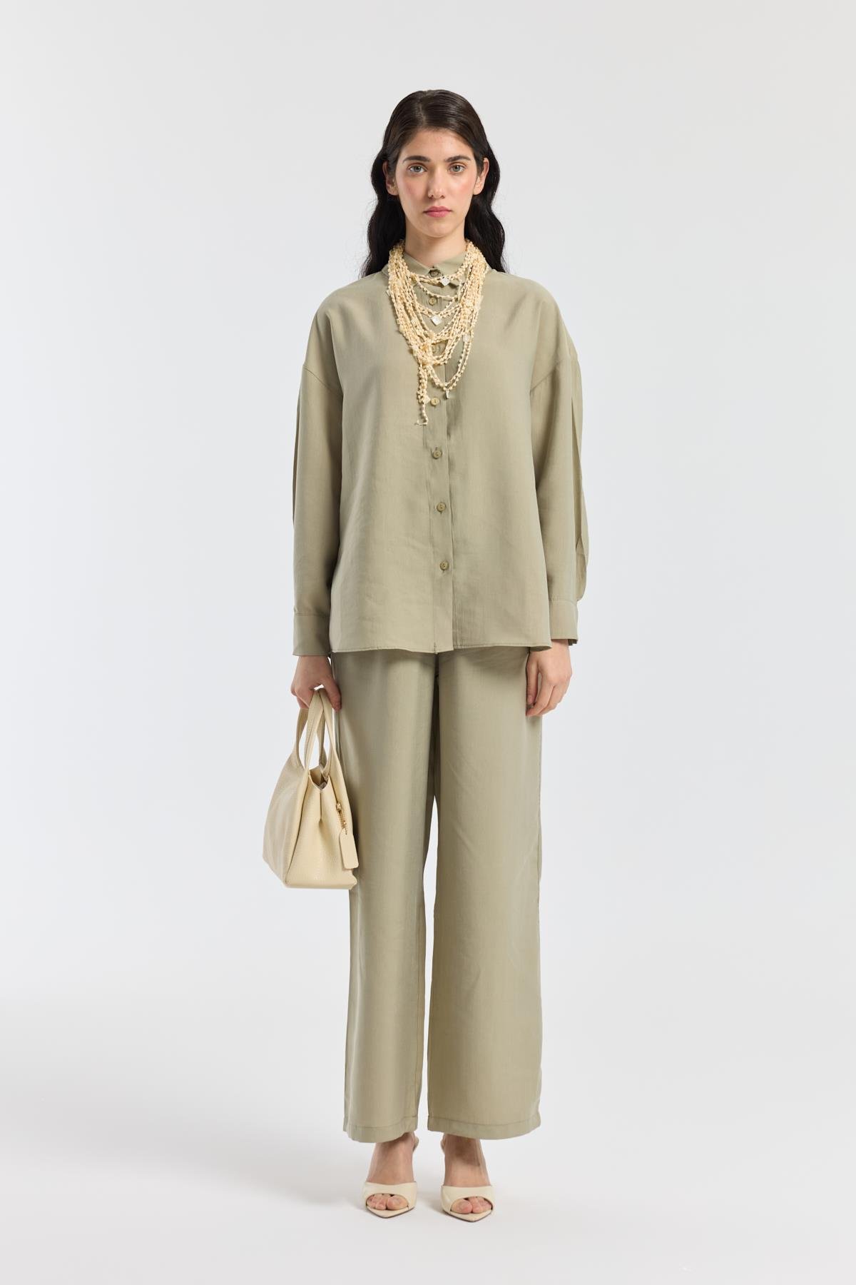 Dosha Arka Düğme Detaylı Tensel Takım - Çağla