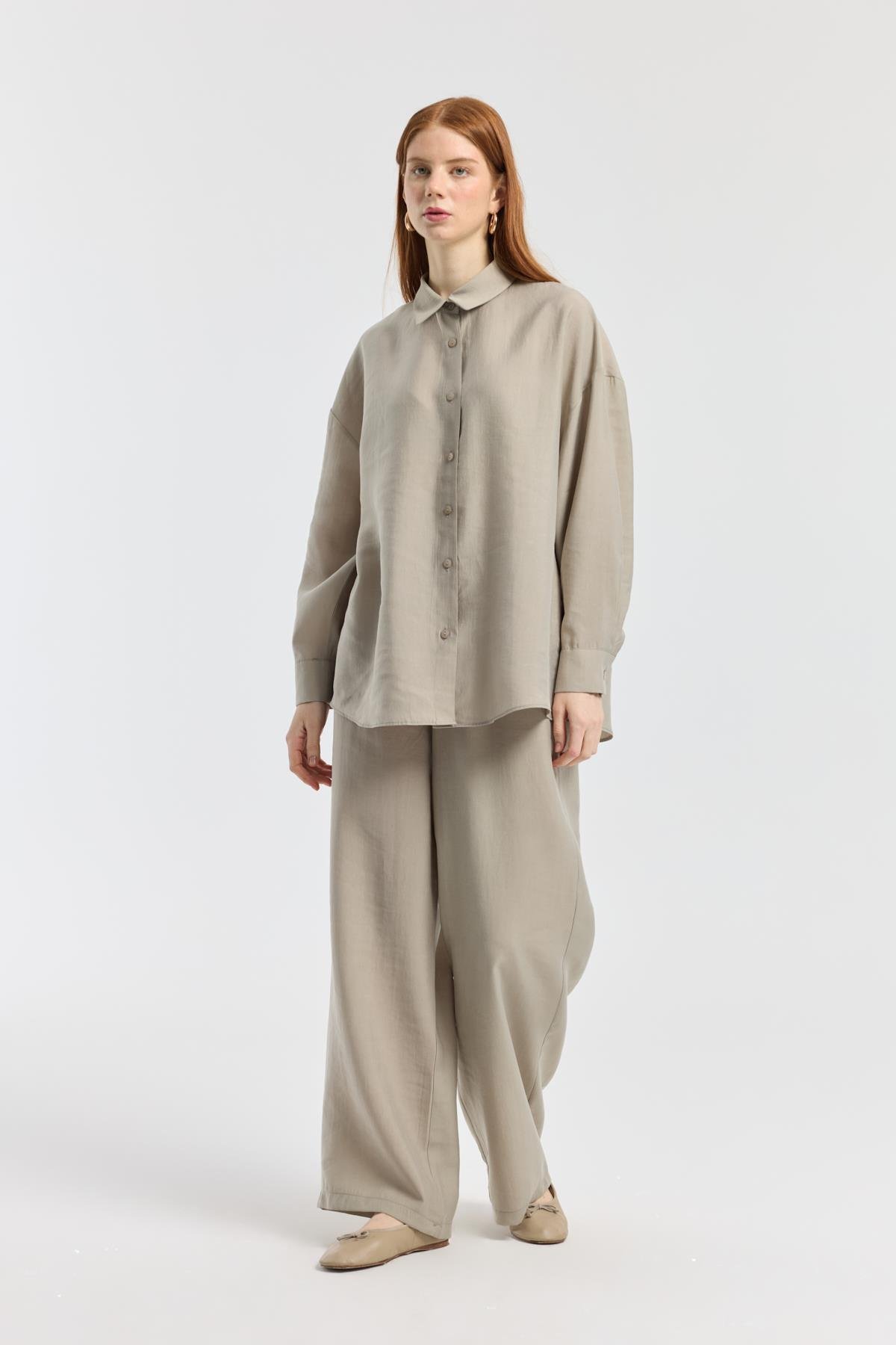Dosha Arka Düğme Detaylı Tensel Takım - Vizon