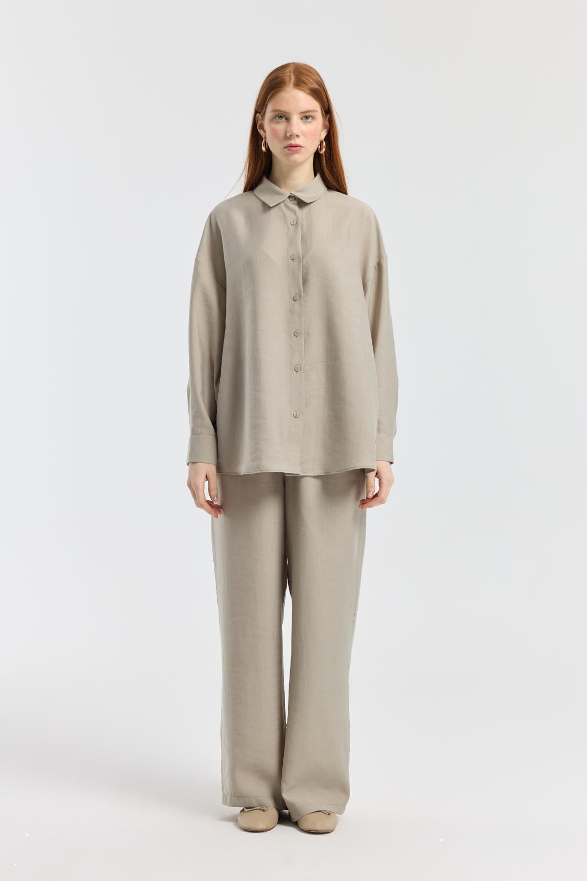 Dosha Arka Düğme Detaylı Tensel Takım - Vizon