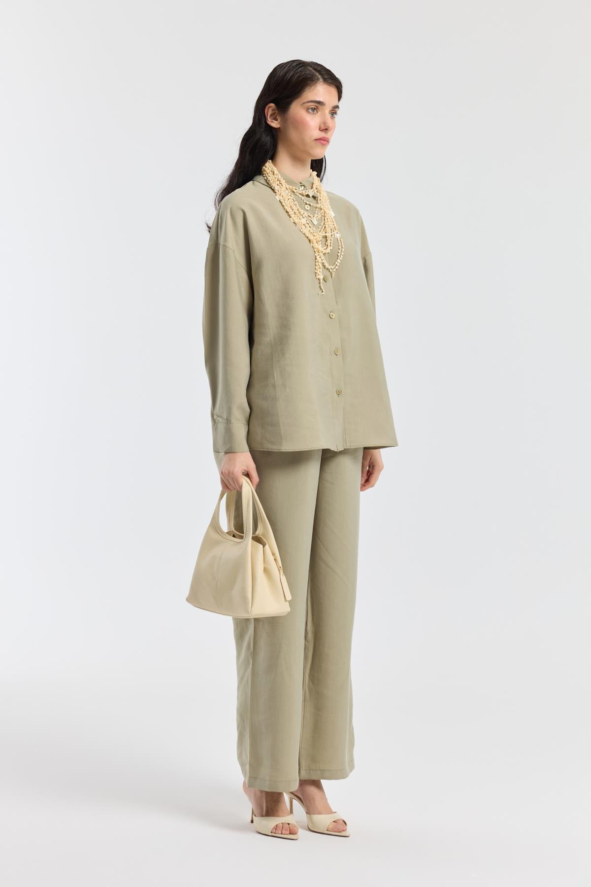 Dosha Arka Düğme Detaylı Tensel Takım - Çağla