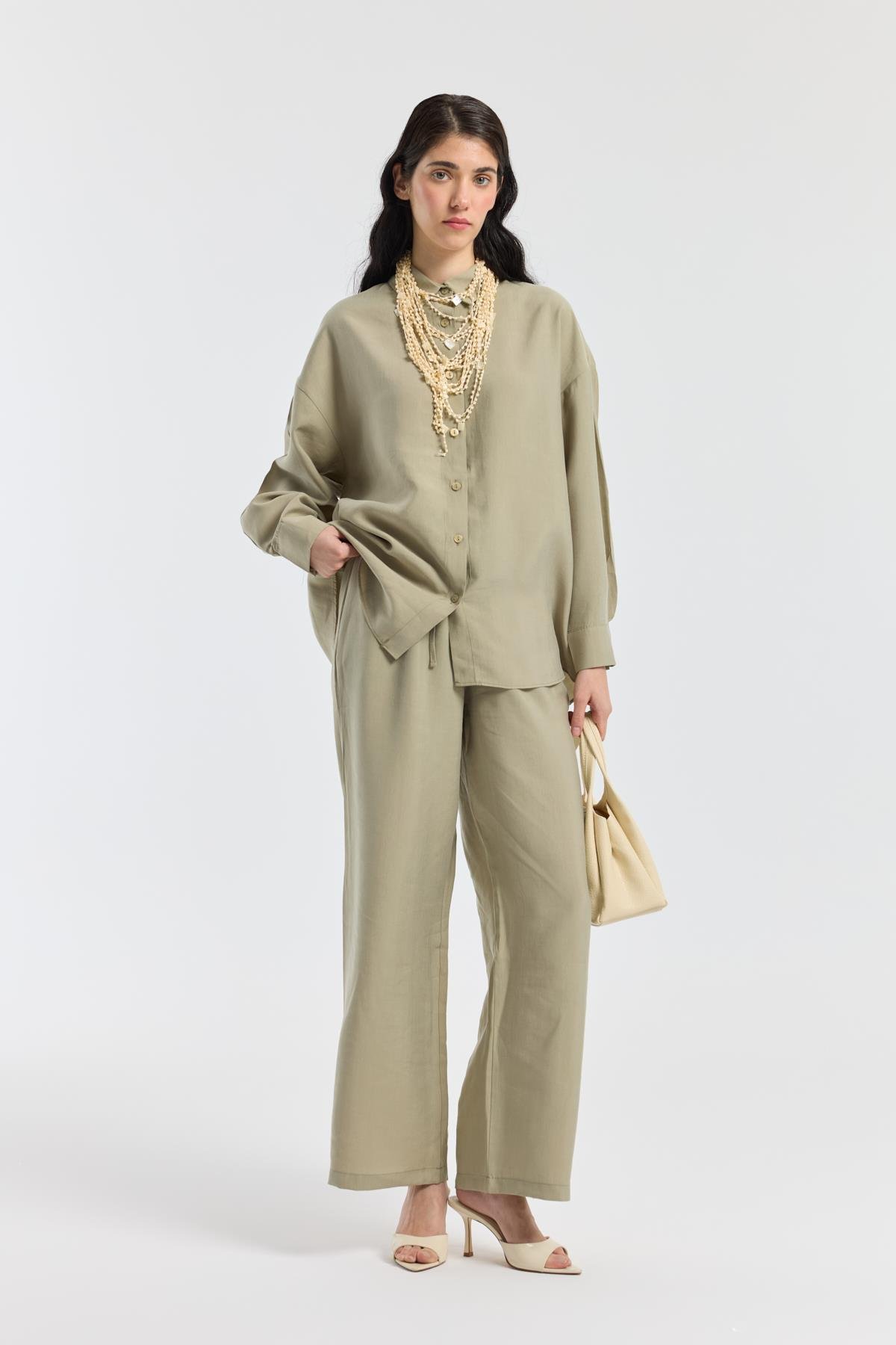 Dosha Arka Düğme Detaylı Tensel Takım - Çağla