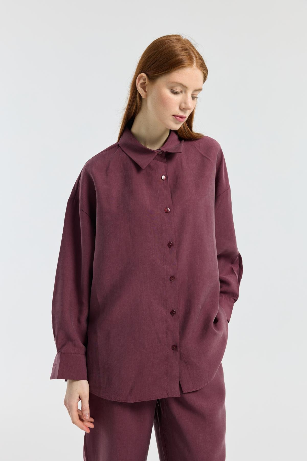 Dosha Arka Düğme Detaylı Tensel Takım - Bordo 