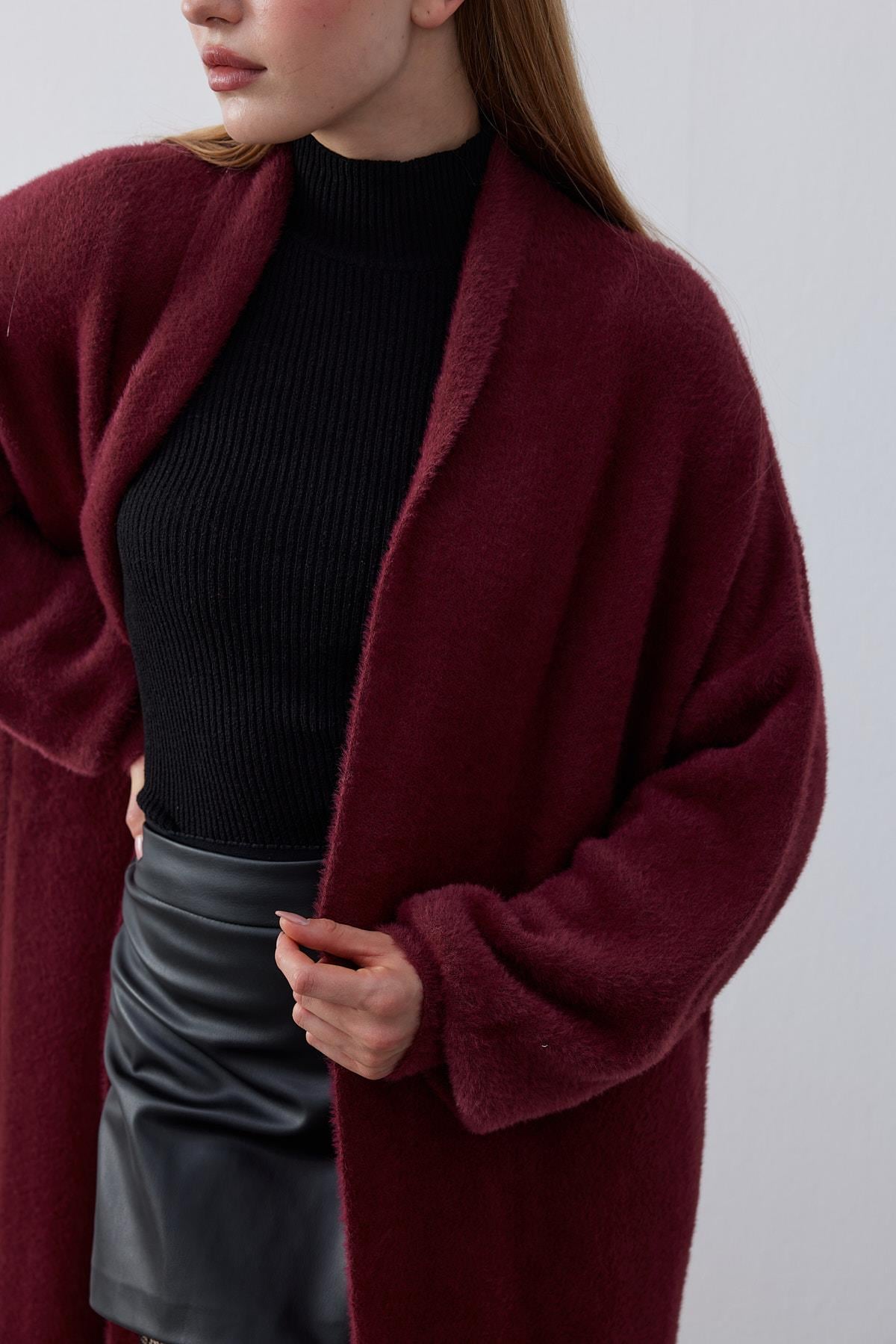 Edıth Şal Yaka Angora Hırka - Bordo