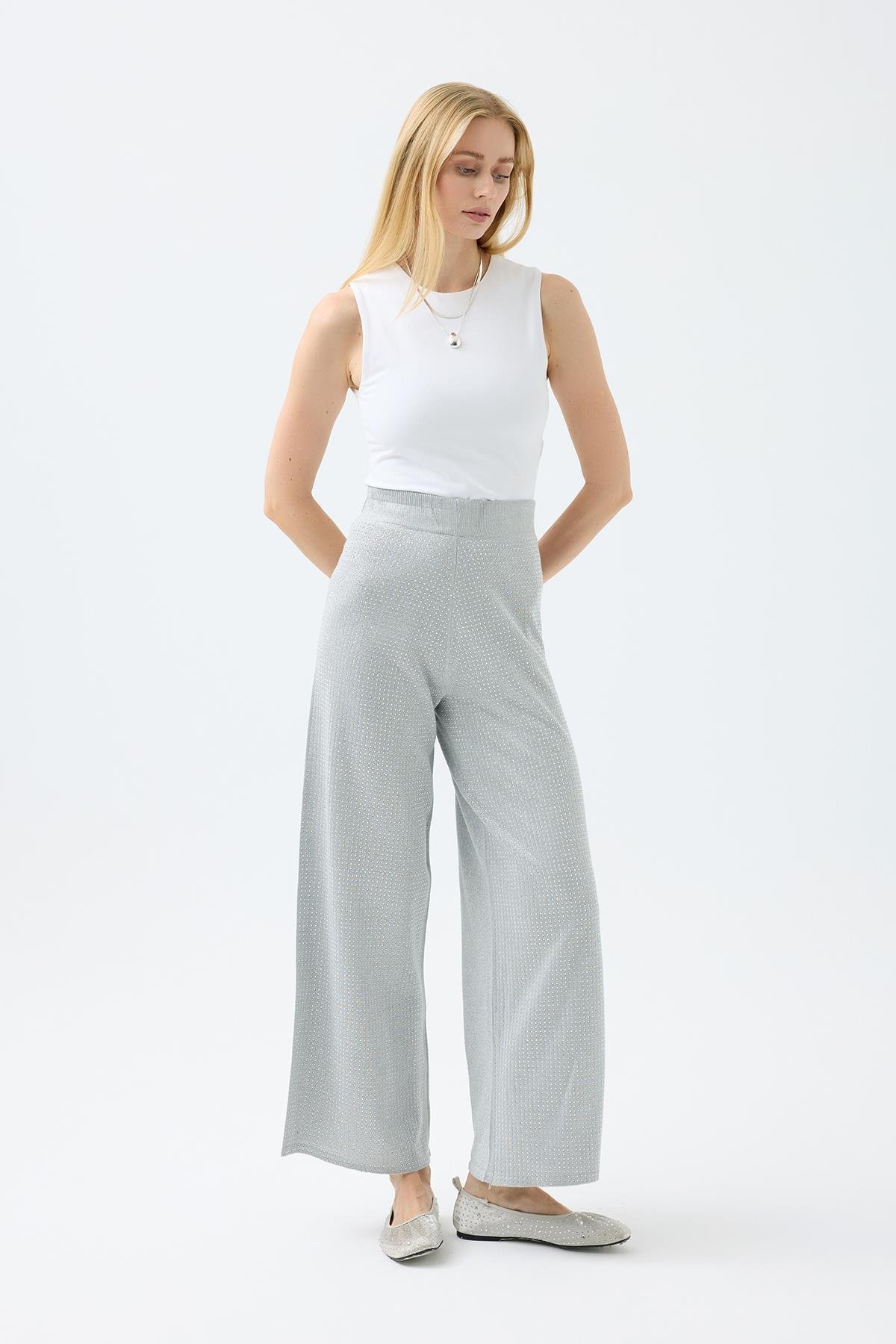 Edna Taşlı Simli Pantolon - Gri 